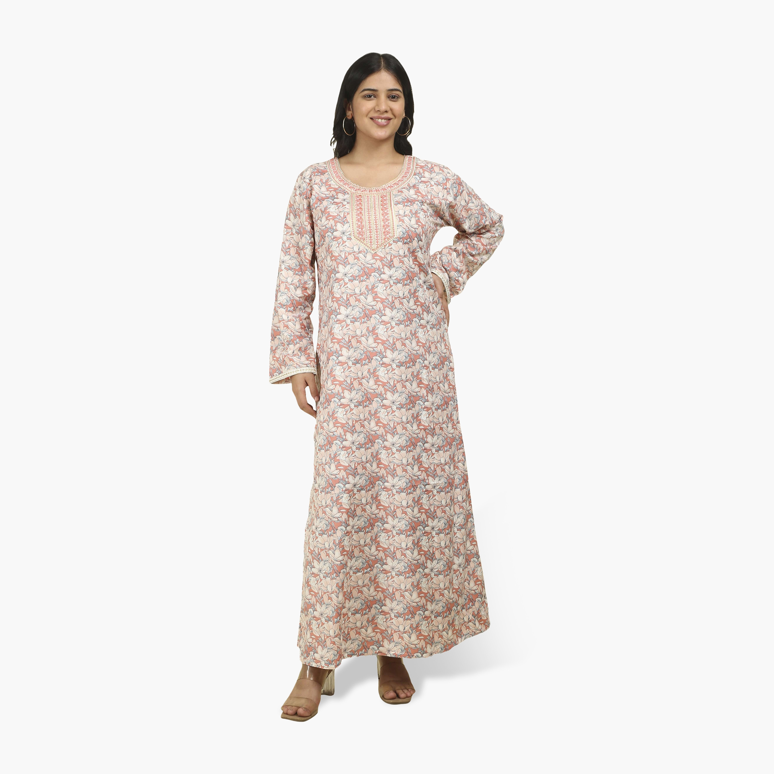 جلابية نسائية بصدرية مطرزة وطبعة زهور من هنا أند سارة-women-arabicclothing-jalabiyas-image-1
