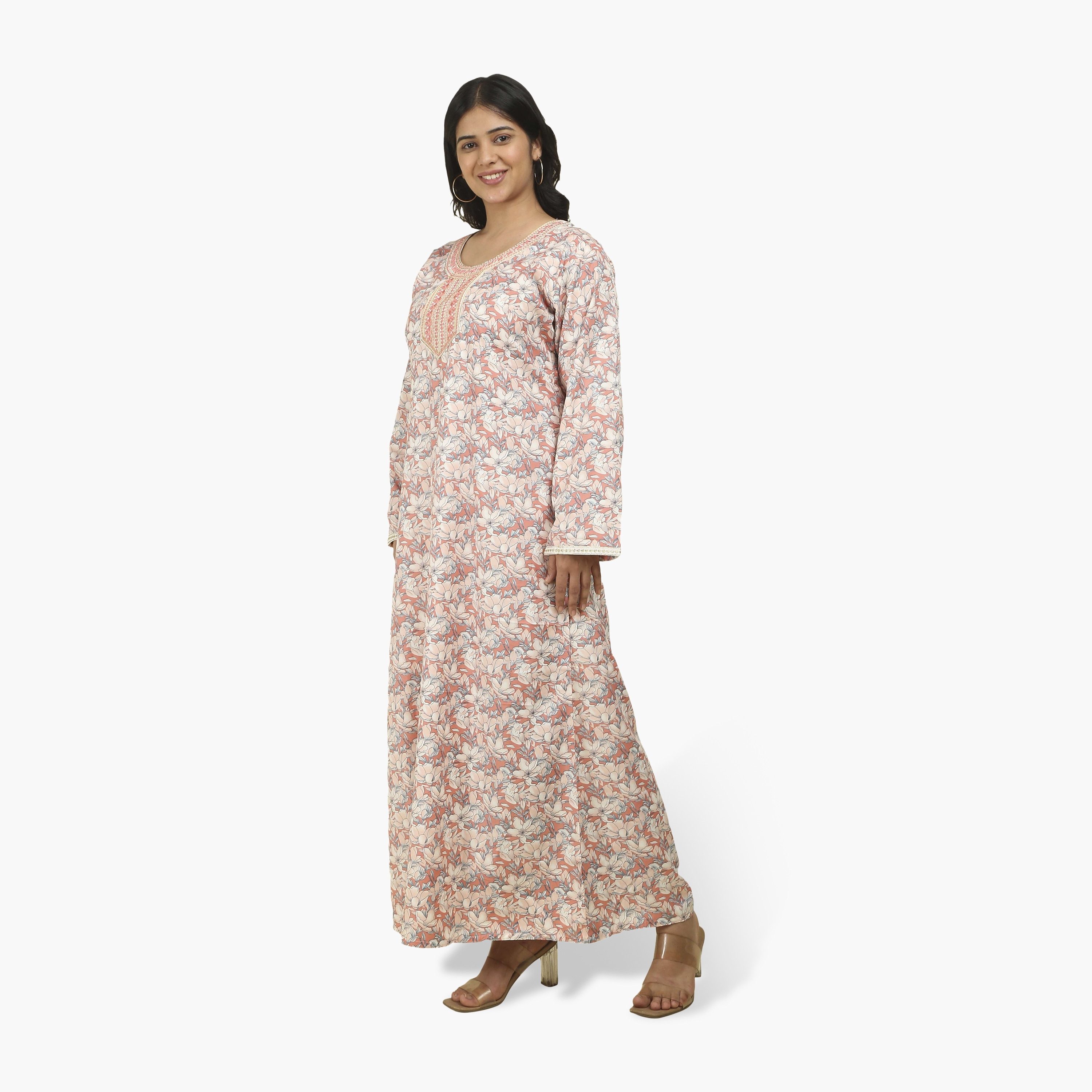 جلابية نسائية بصدرية مطرزة وطبعة زهور من هنا أند سارة-women-arabicclothing-jalabiyas-image-3