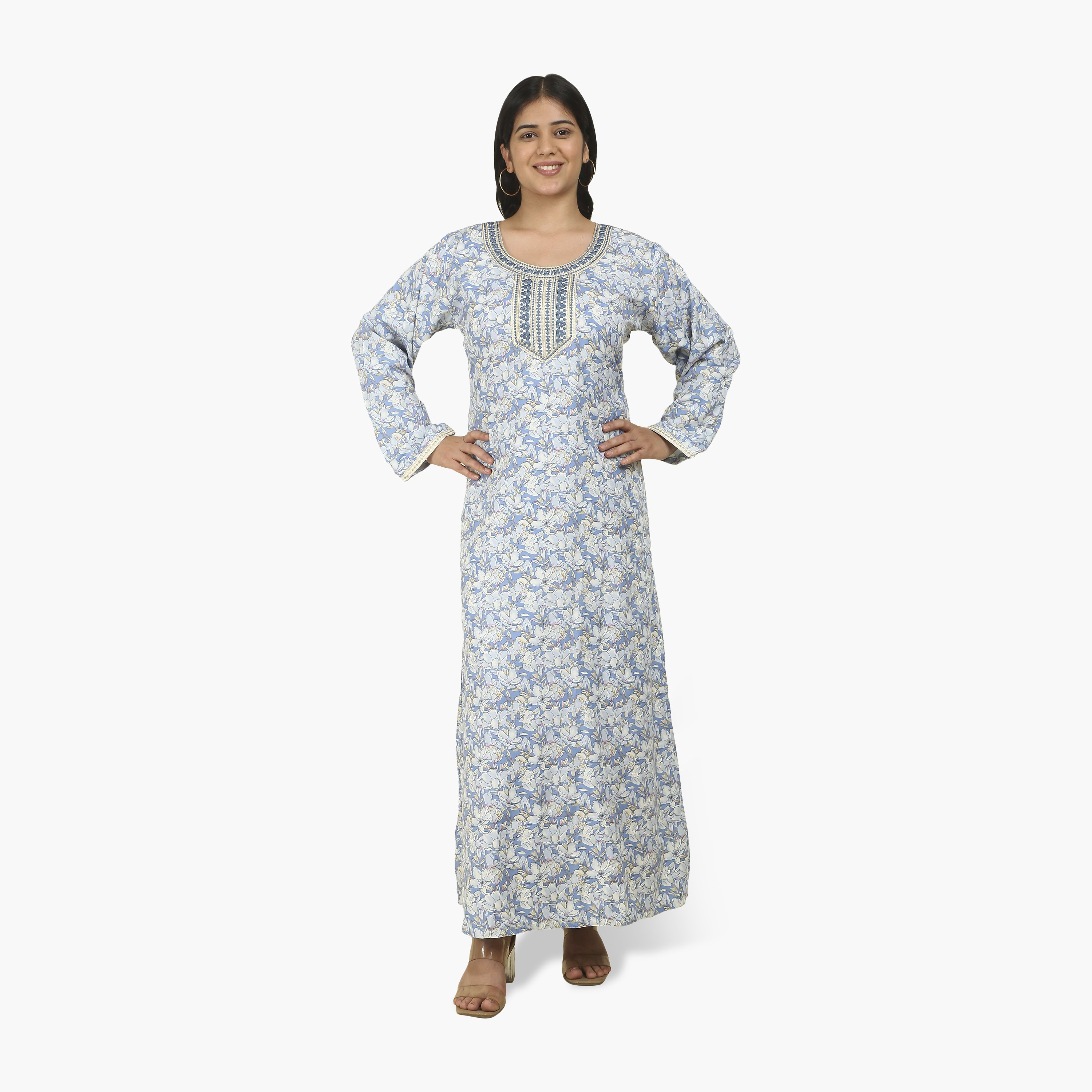 جلابية نسائية بصدرية مطرزة وطبعة زهور من هنا أند سارة-women-arabicclothing-jalabiyas-image-6