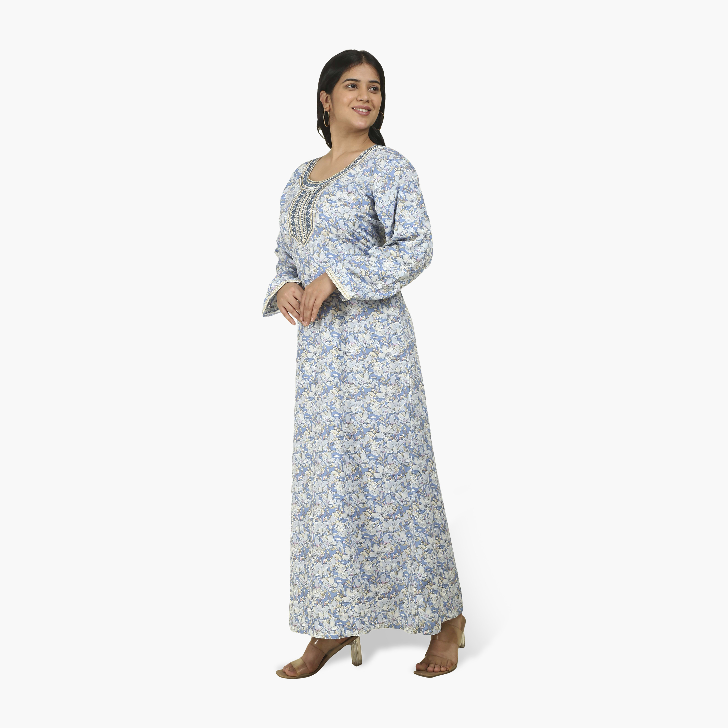 جلابية نسائية بصدرية مطرزة وطبعة زهور من هنا أند سارة-women-arabicclothing-jalabiyas-image-8