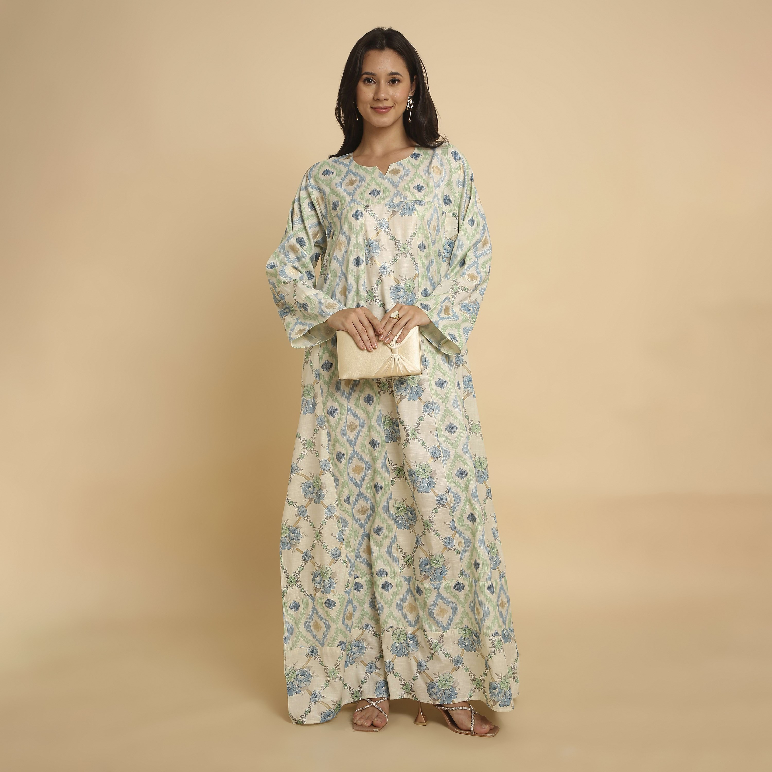 HanaandSara Green Ikat & Floral Print Round Neck Women's Jalabiya-women-arabicclothing-jalabiyas-image-1