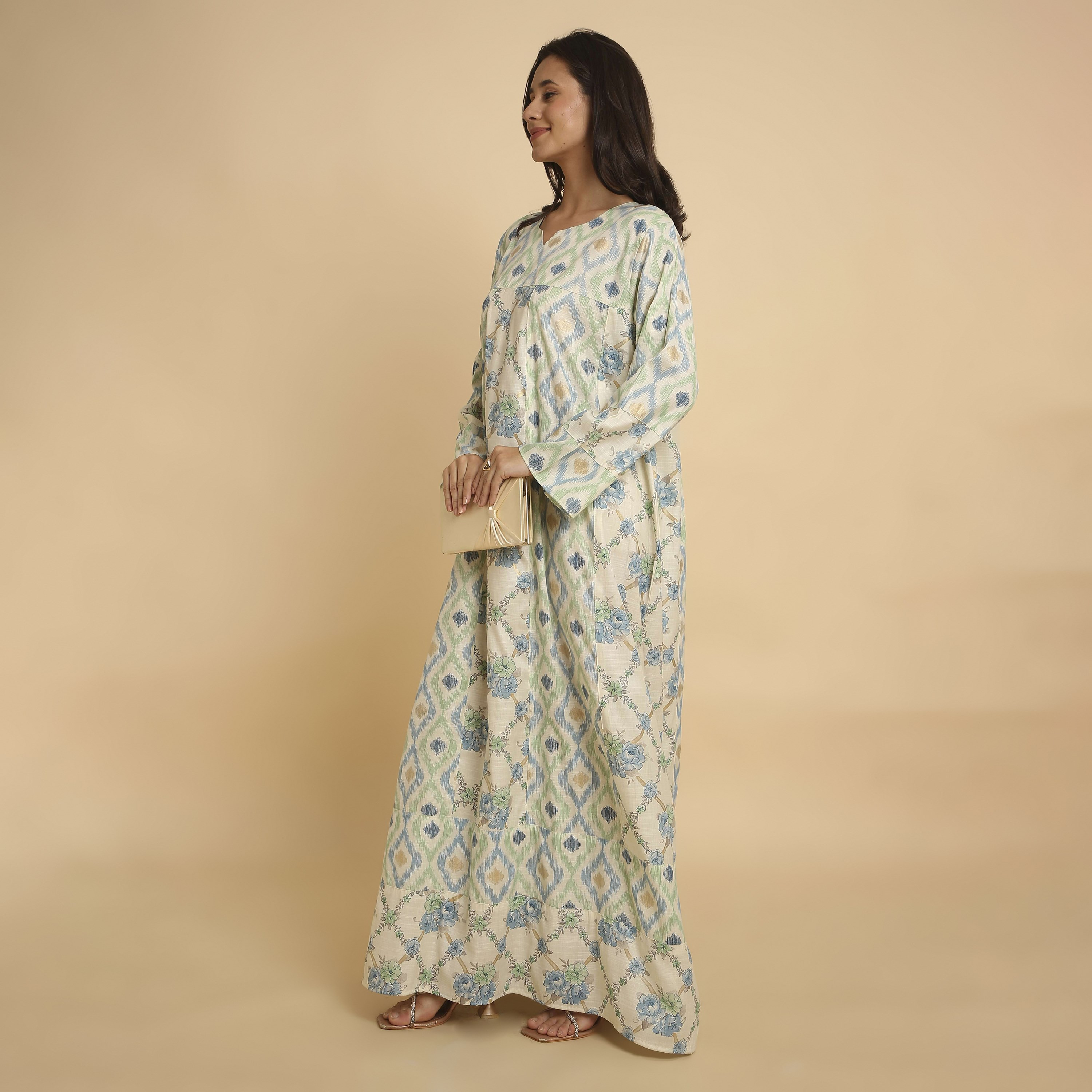 HanaandSara Green Ikat & Floral Print Round Neck Women's Jalabiya-women-arabicclothing-jalabiyas-image-3