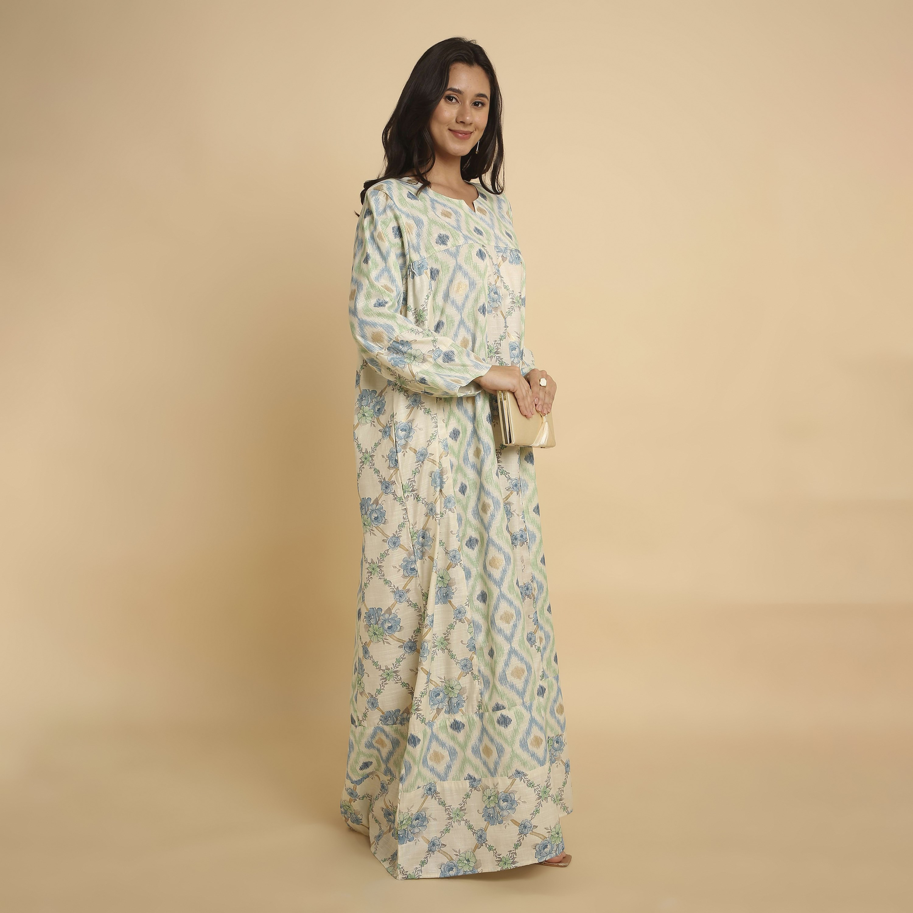 HanaandSara Green Ikat & Floral Print Round Neck Women's Jalabiya-women-arabicclothing-jalabiyas-image-4
