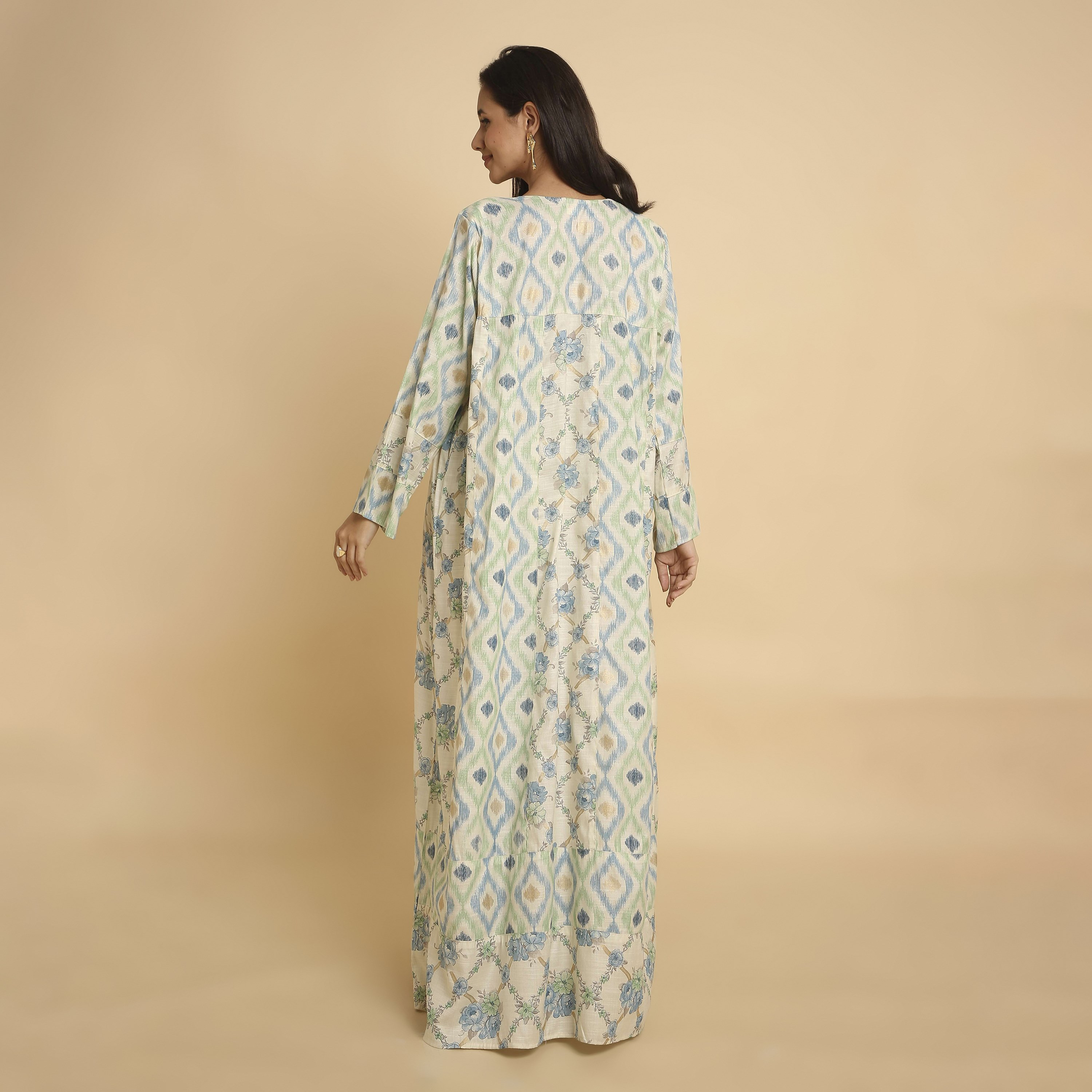 HanaandSara Green Ikat & Floral Print Round Neck Women's Jalabiya-women-arabicclothing-jalabiyas-image-5