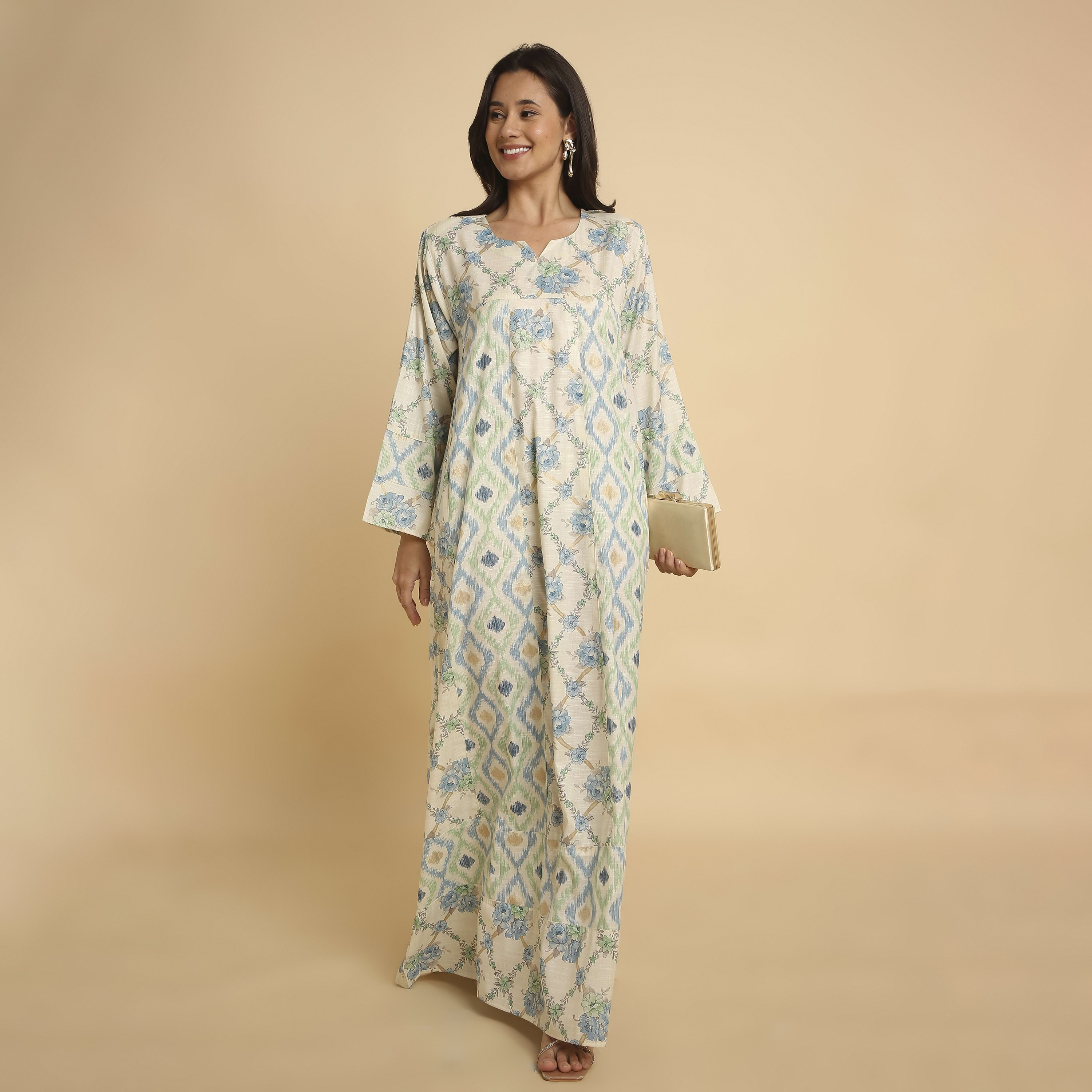 HanaandSara Beige Floral Print Round Neck Women's Jalabiya-women-arabicclothing-jalabiyas-image-1
