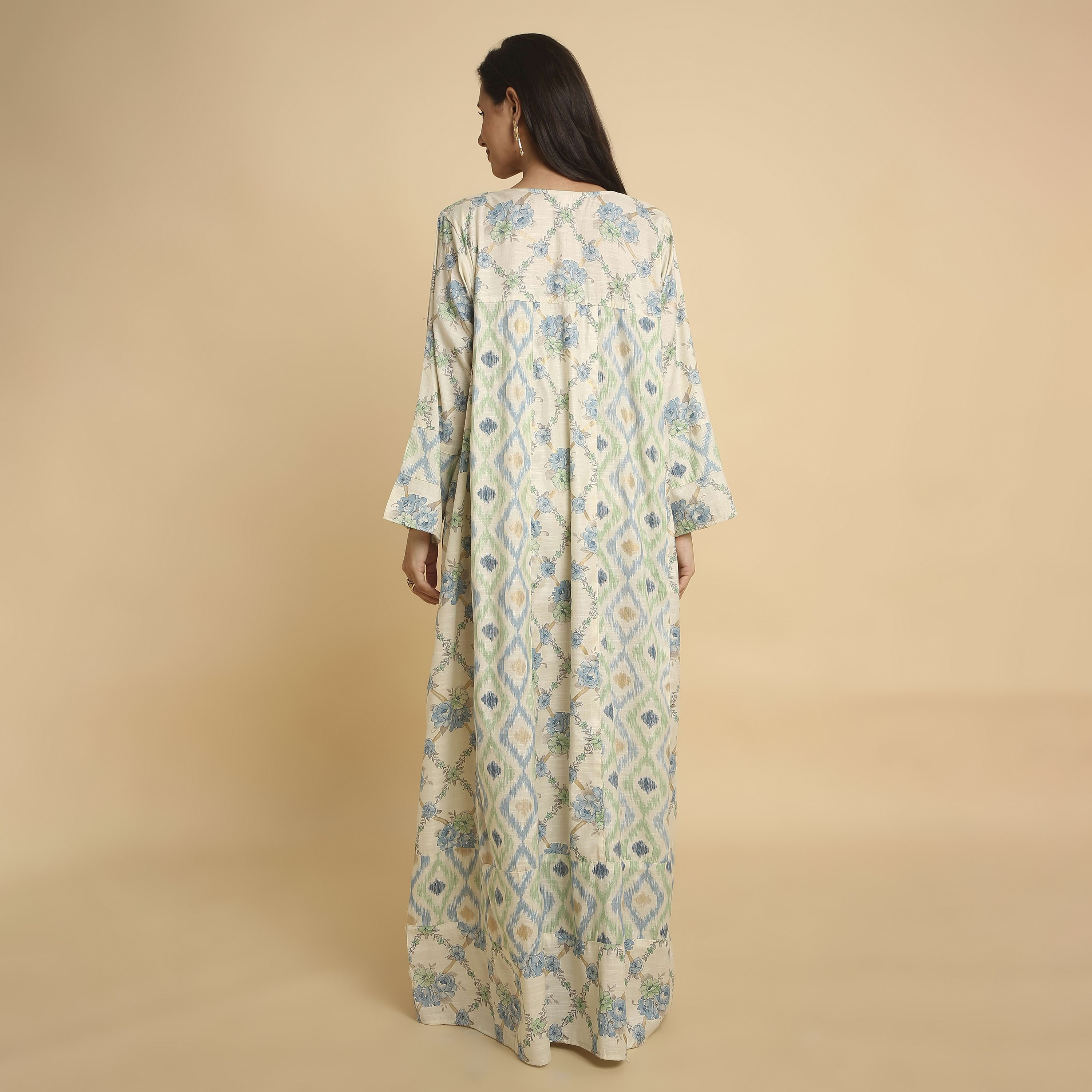 HanaandSara Beige Floral Print Round Neck Women's Jalabiya-women-arabicclothing-jalabiyas-image-5
