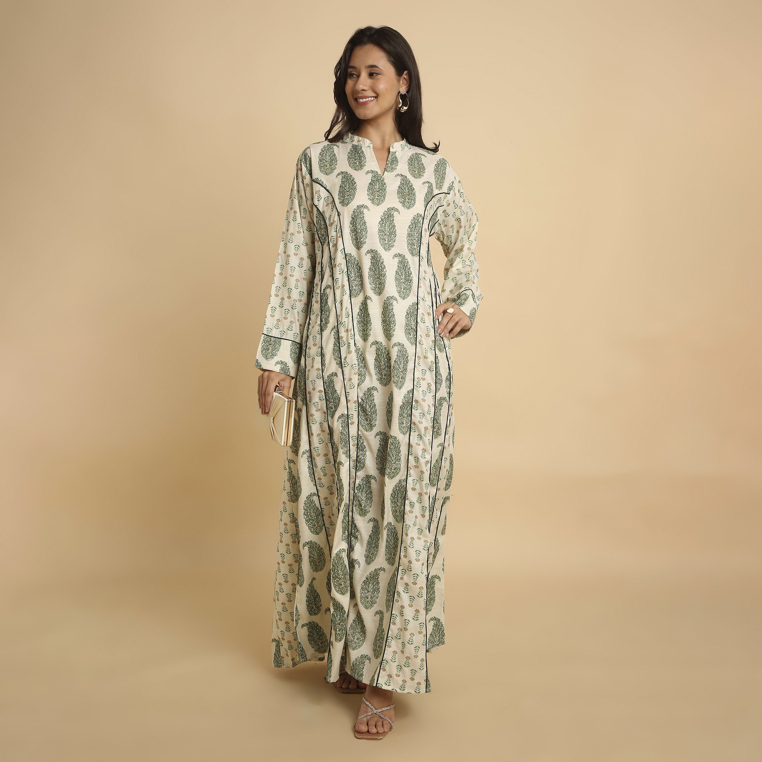 HanaandSara Floral Paisley Print Mandarin Collar Women's Jalabiya-women-arabicclothing-jalabiyas-image-1