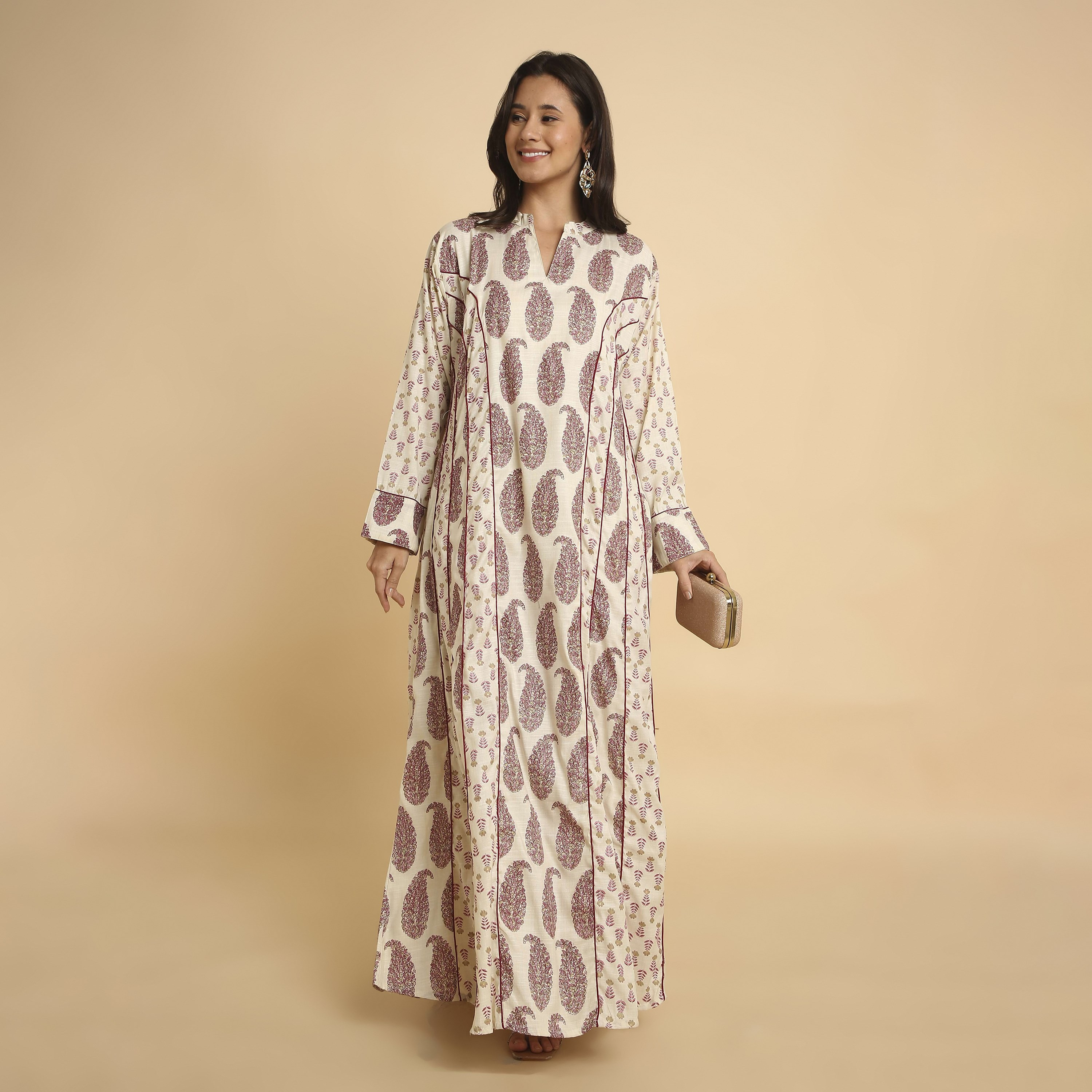 HanaandSara Floral Paisley Print Mandarin Collar Women's Jalabiya-women-arabicclothing-jalabiyas-image-16