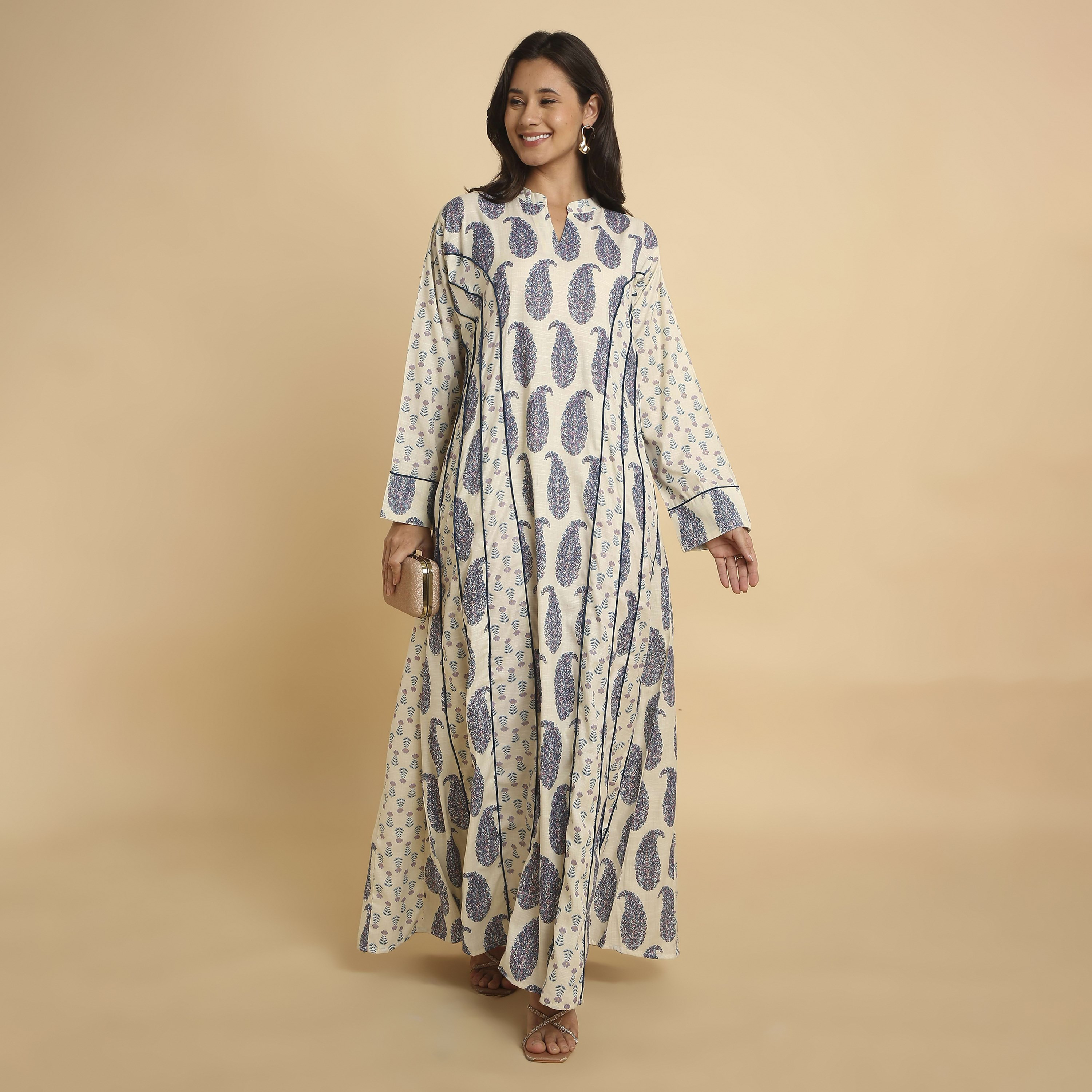 HanaandSara Floral Paisley Print Mandarin Collar Women's Jalabiya-women-arabicclothing-jalabiyas-image-11