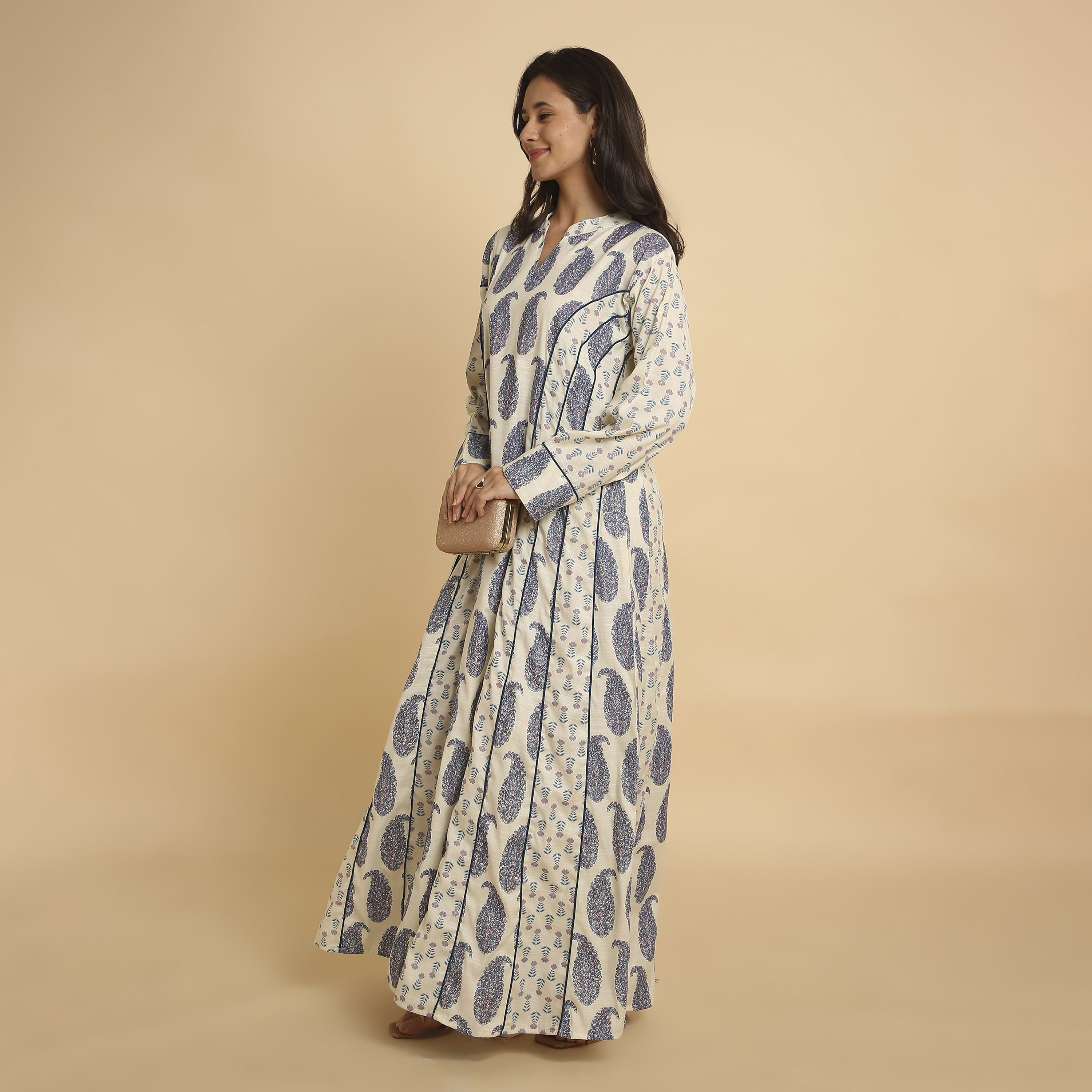 HanaandSara Floral Paisley Print Mandarin Collar Women's Jalabiya-women-arabicclothing-jalabiyas-image-14