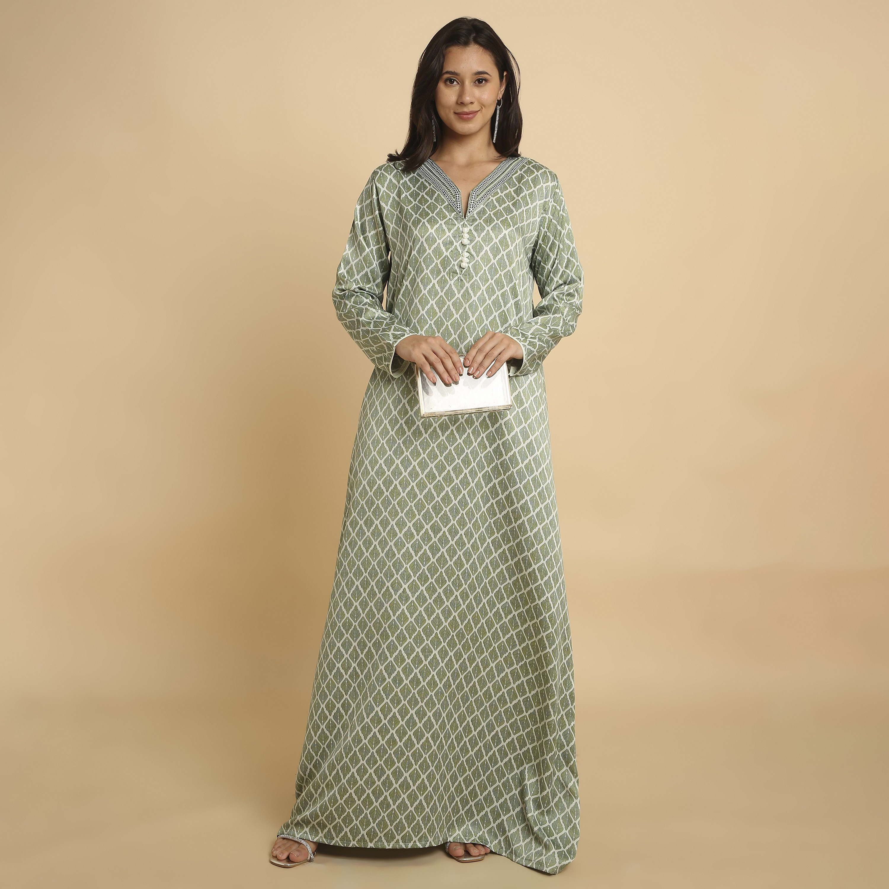 HanaandSara Geometric Leaf Print V-Neck Women's Jalabiya-women-arabicclothing-jalabiyas-image-1