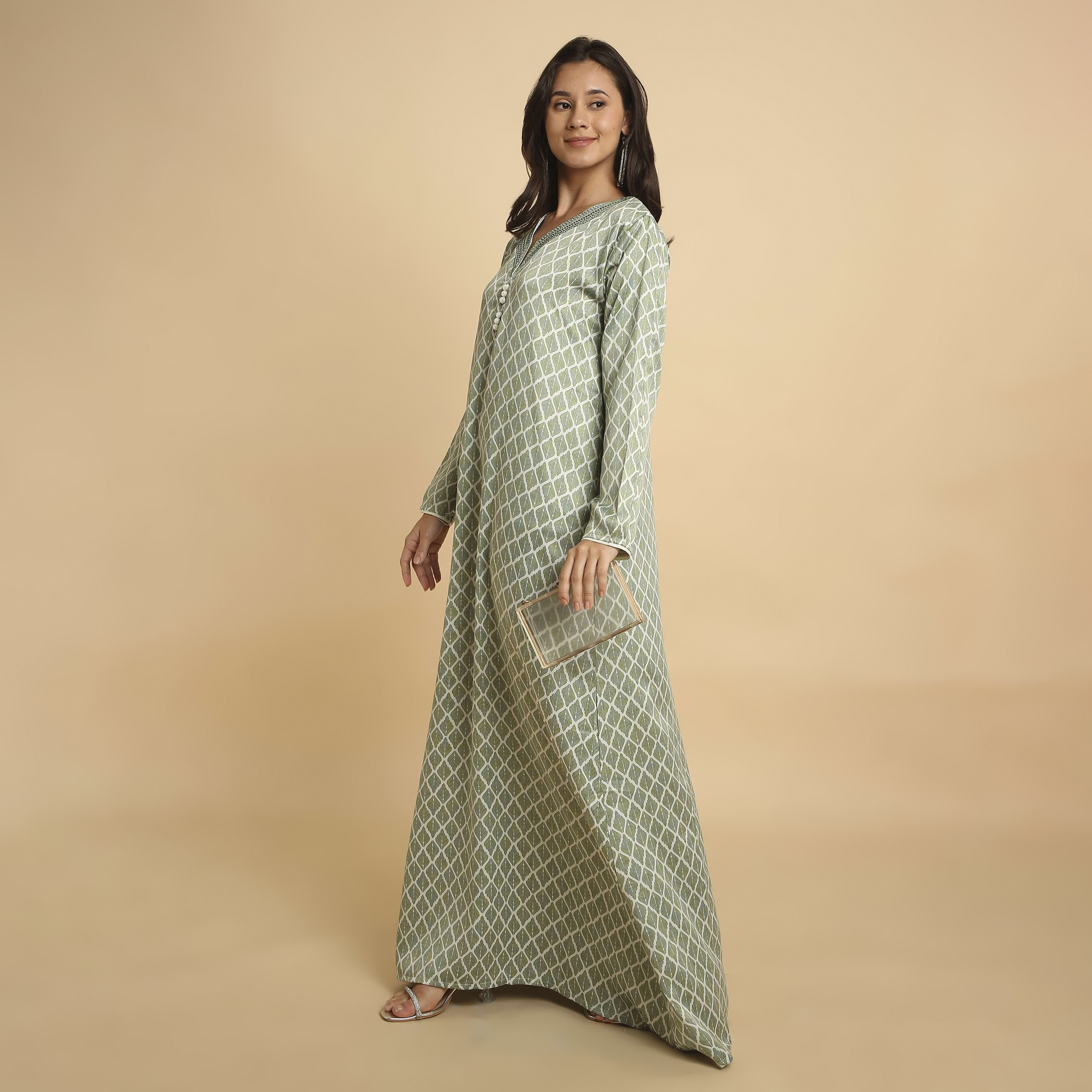 HanaandSara Geometric Leaf Print V-Neck Women's Jalabiya-women-arabicclothing-jalabiyas-image-3