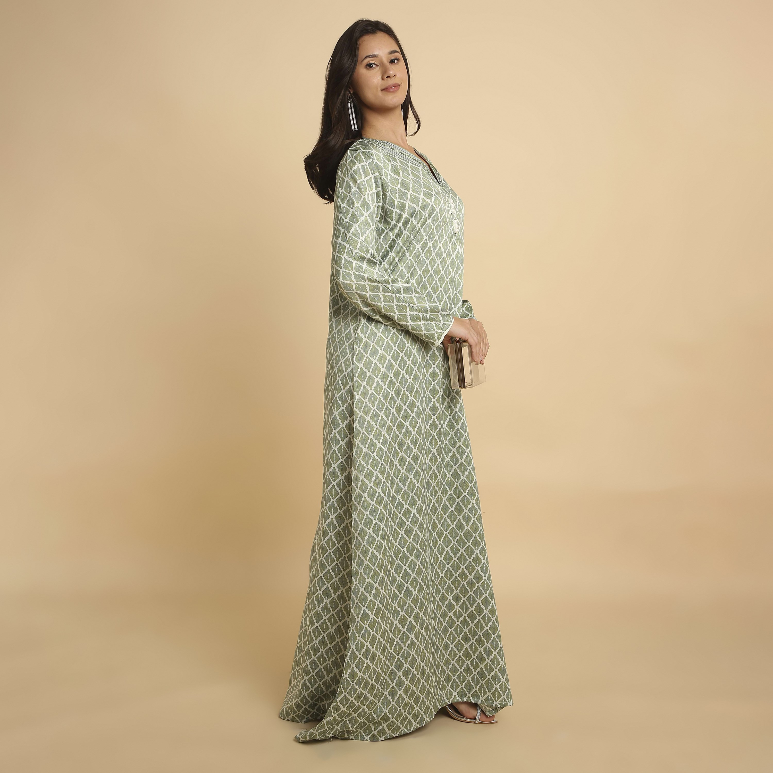 HanaandSara Geometric Leaf Print V-Neck Women's Jalabiya-women-arabicclothing-jalabiyas-image-14