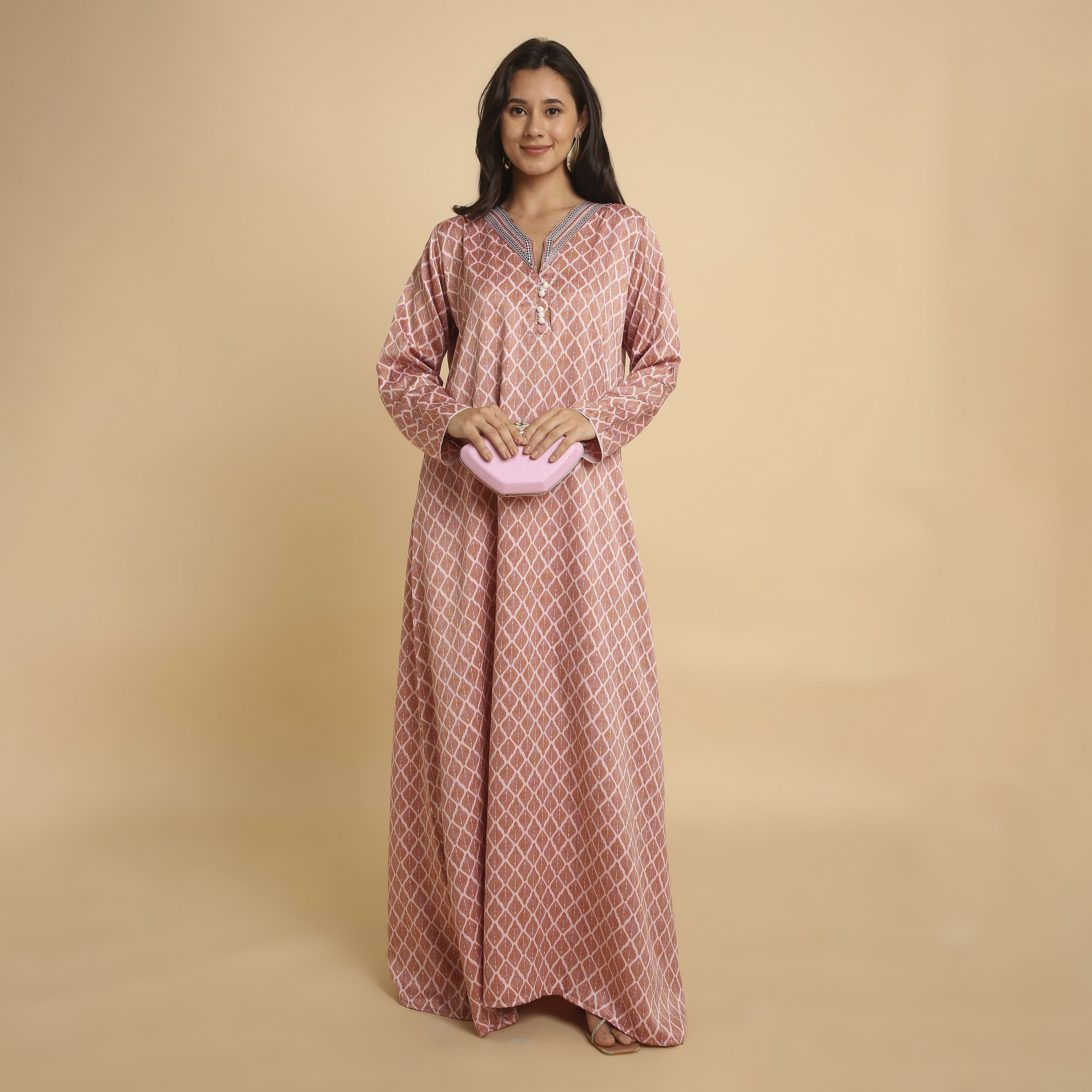 HanaandSara Geometric Leaf Print V-Neck Women's Jalabiya-women-arabicclothing-jalabiyas-image-1
