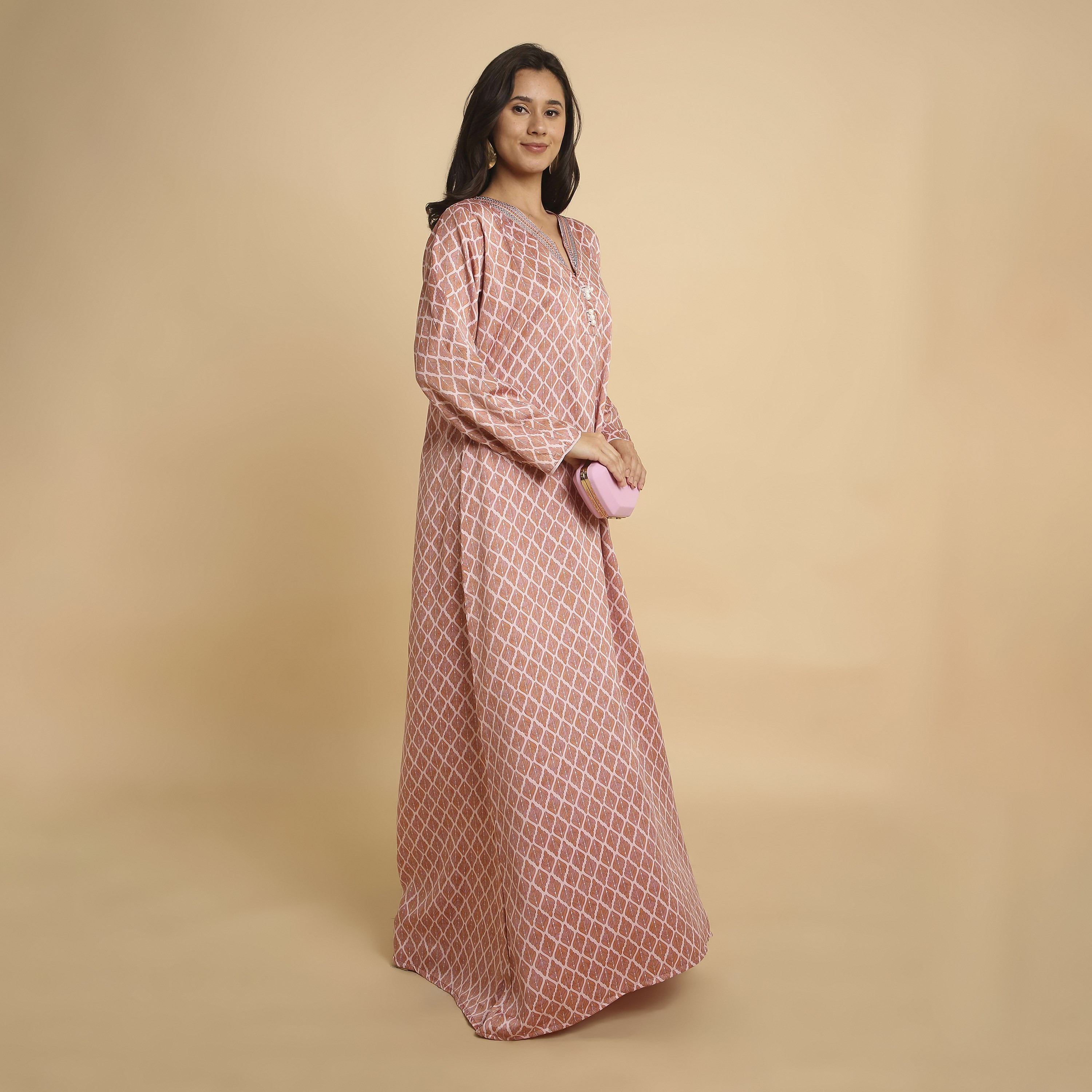 HanaandSara Geometric Leaf Print V-Neck Women's Jalabiya-women-arabicclothing-jalabiyas-image-3