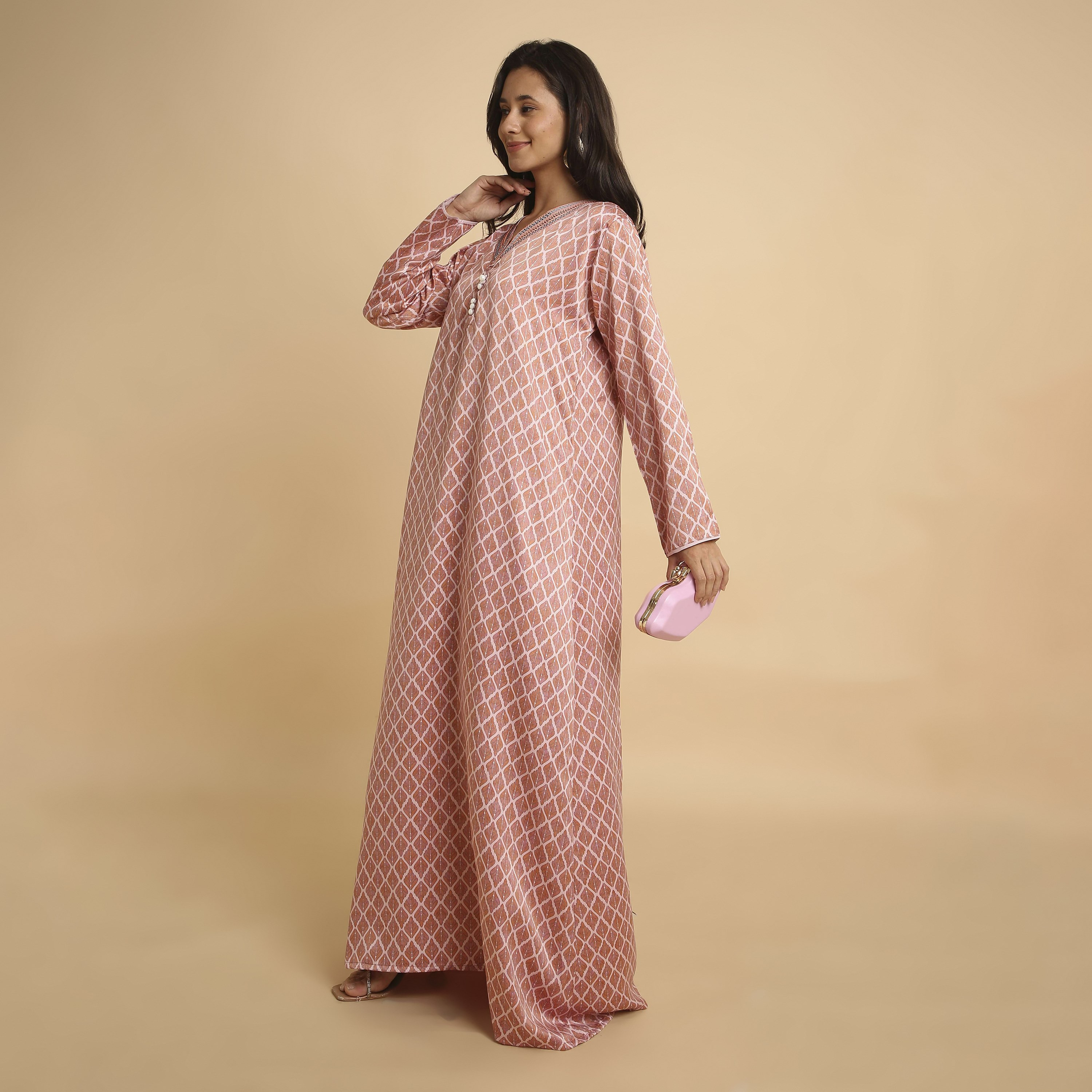 HanaandSara Geometric Leaf Print V-Neck Women's Jalabiya-women-arabicclothing-jalabiyas-image-4