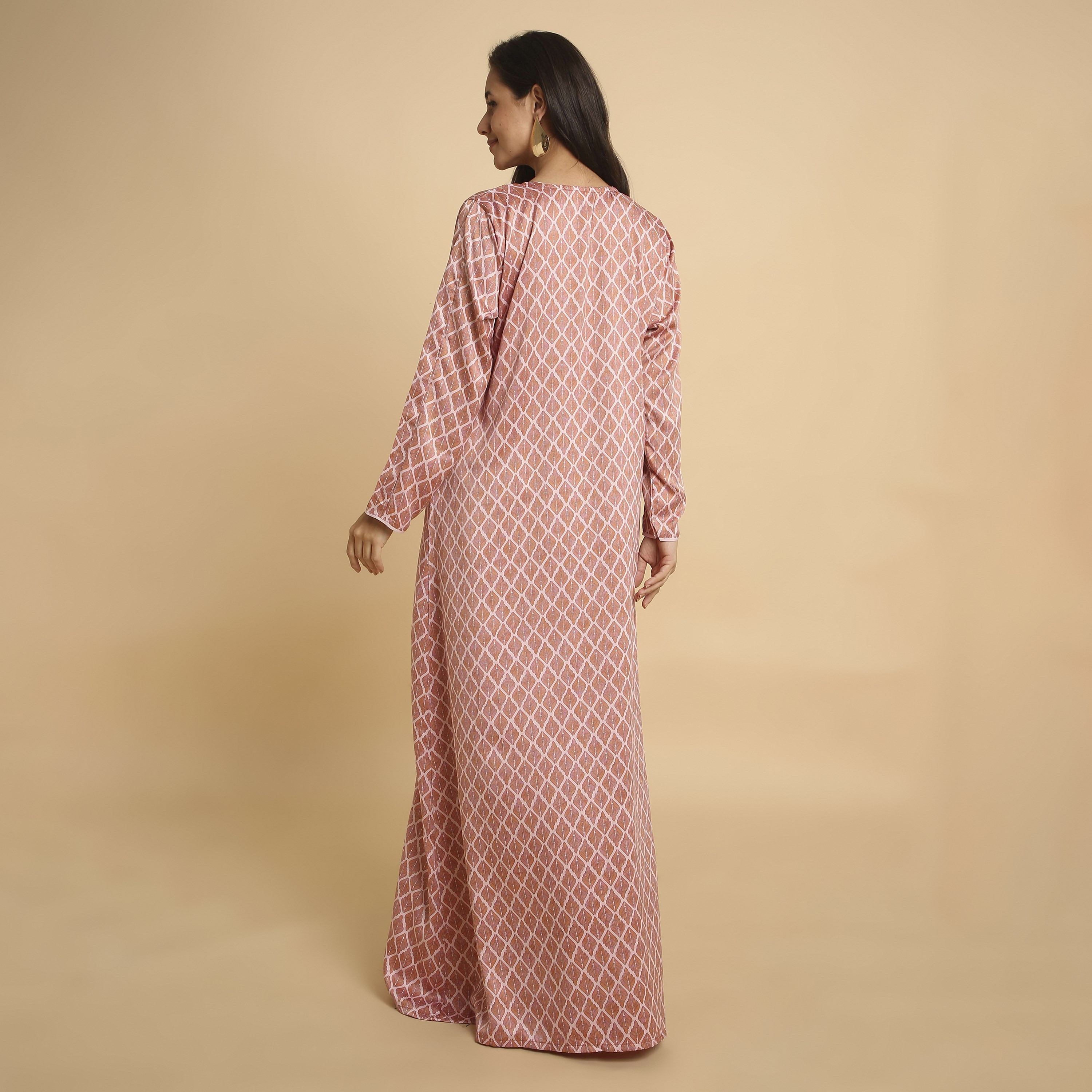 HanaandSara Geometric Leaf Print V-Neck Women's Jalabiya-women-arabicclothing-jalabiyas-image-5