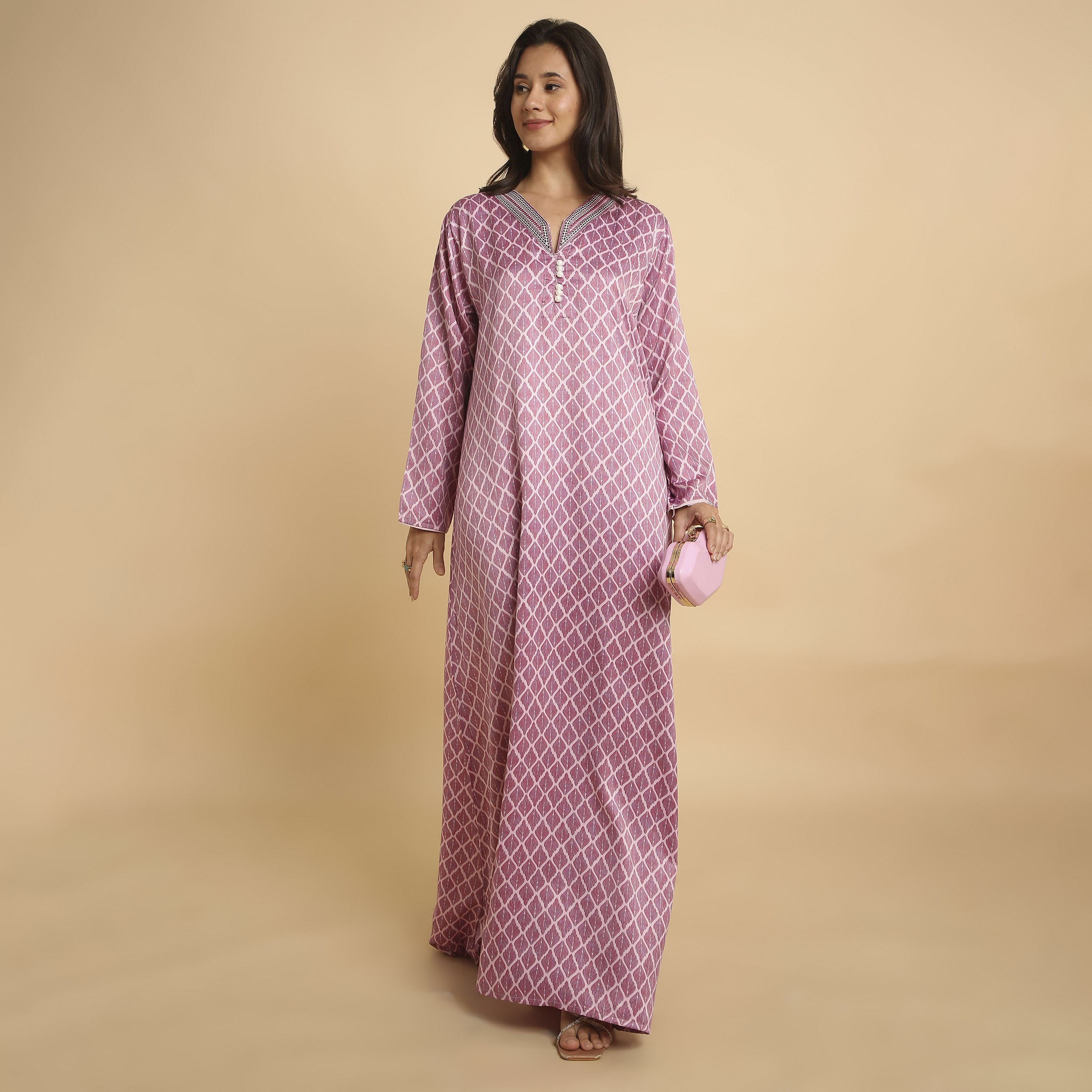 HanaandSara Geometric Leaf Print V-Neck Women's Jalabiya-women-arabicclothing-jalabiyas-image-6