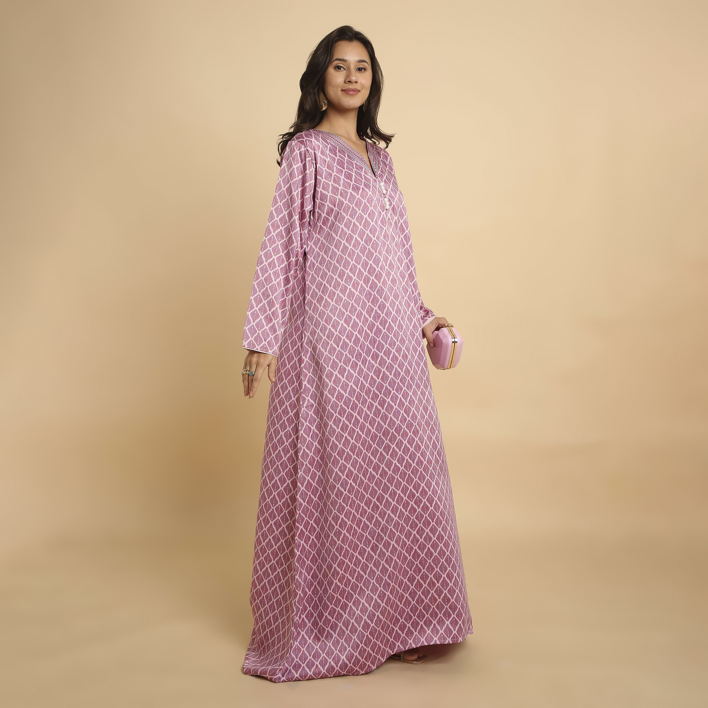 HanaandSara Geometric Leaf Print V-Neck Women's Jalabiya-women-arabicclothing-jalabiyas-image-8