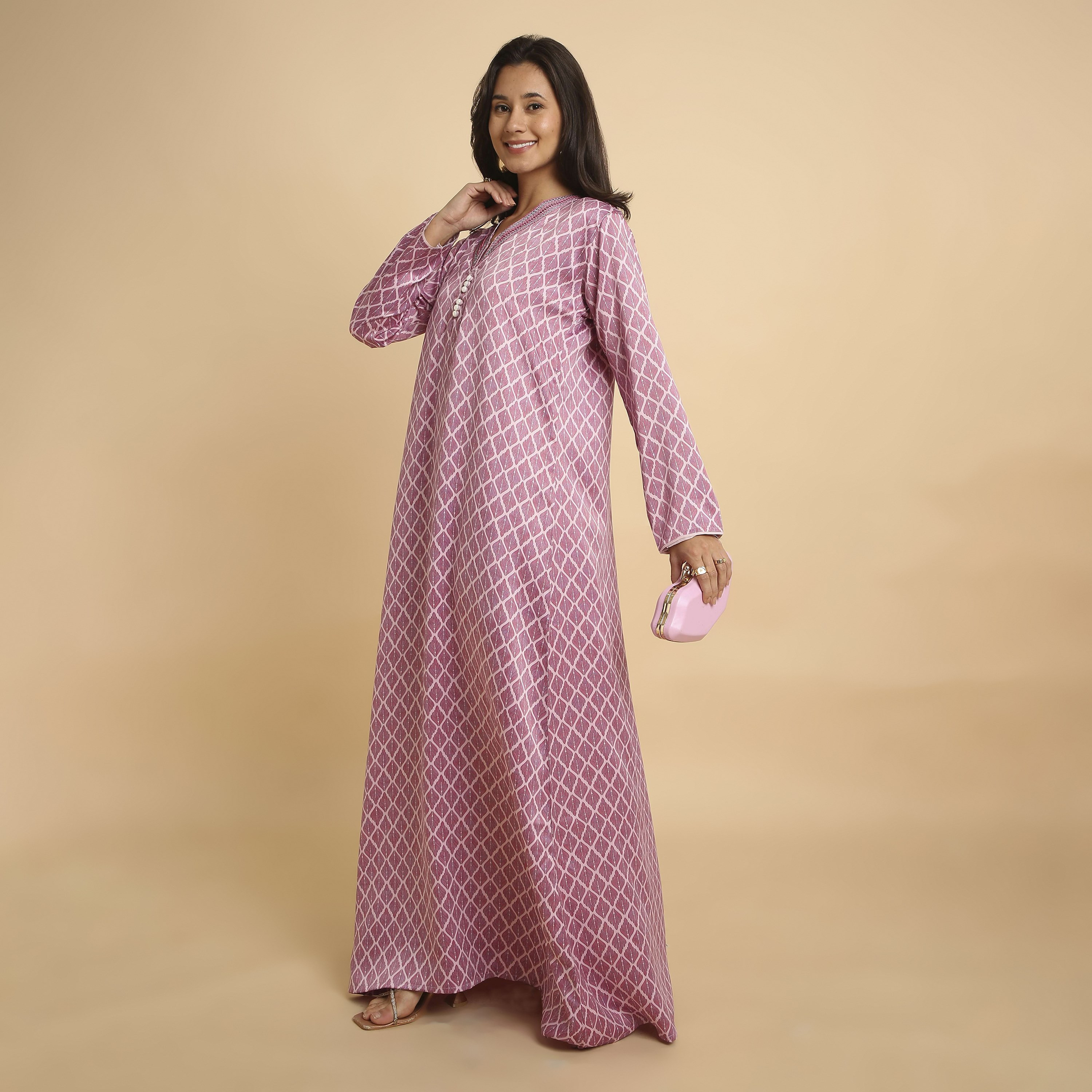 HanaandSara Geometric Leaf Print V-Neck Women's Jalabiya-women-arabicclothing-jalabiyas-image-9