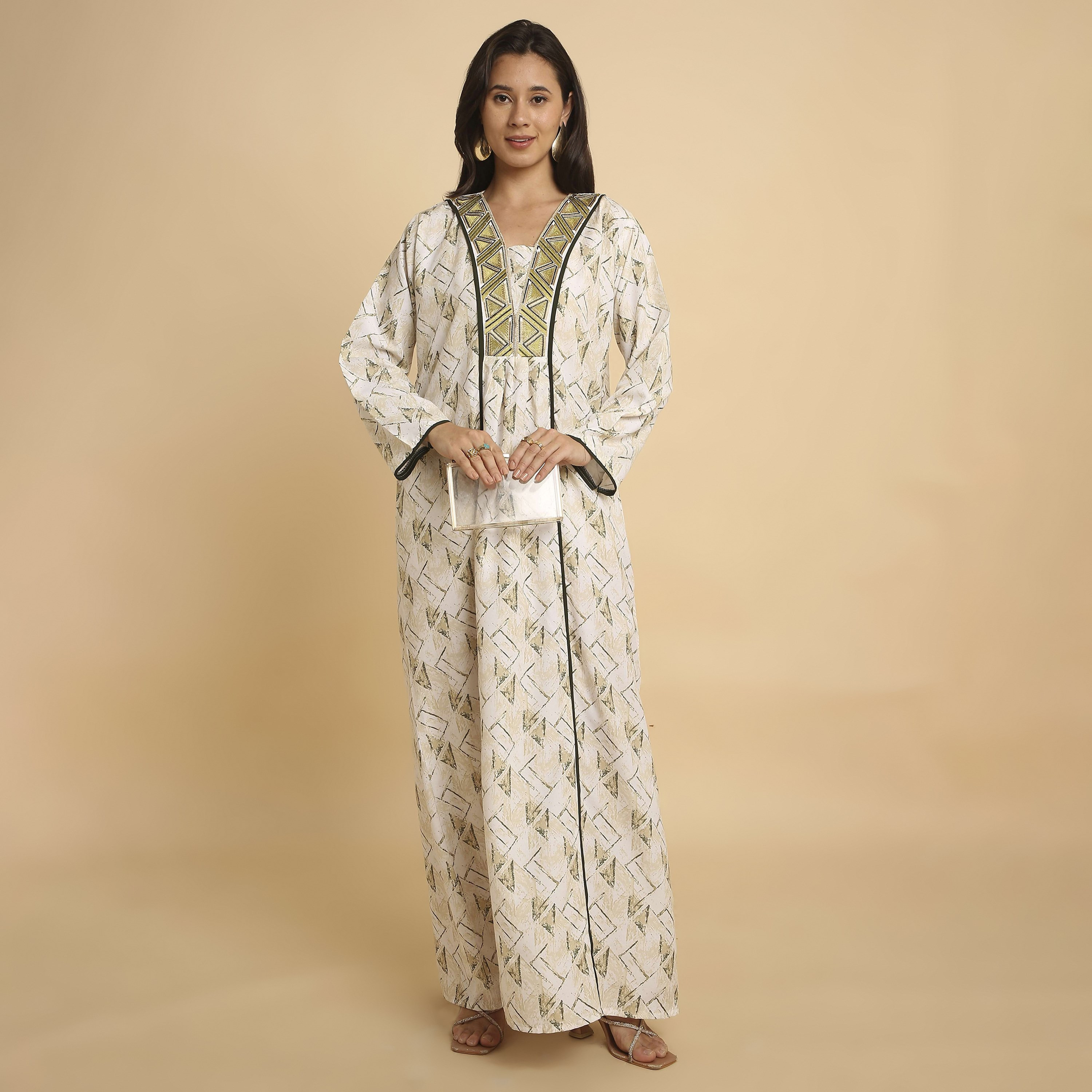 HanaandSara Geometric Abstract Print V-Neck Women's Jalabiya-women-arabicclothing-jalabiyas-image-1