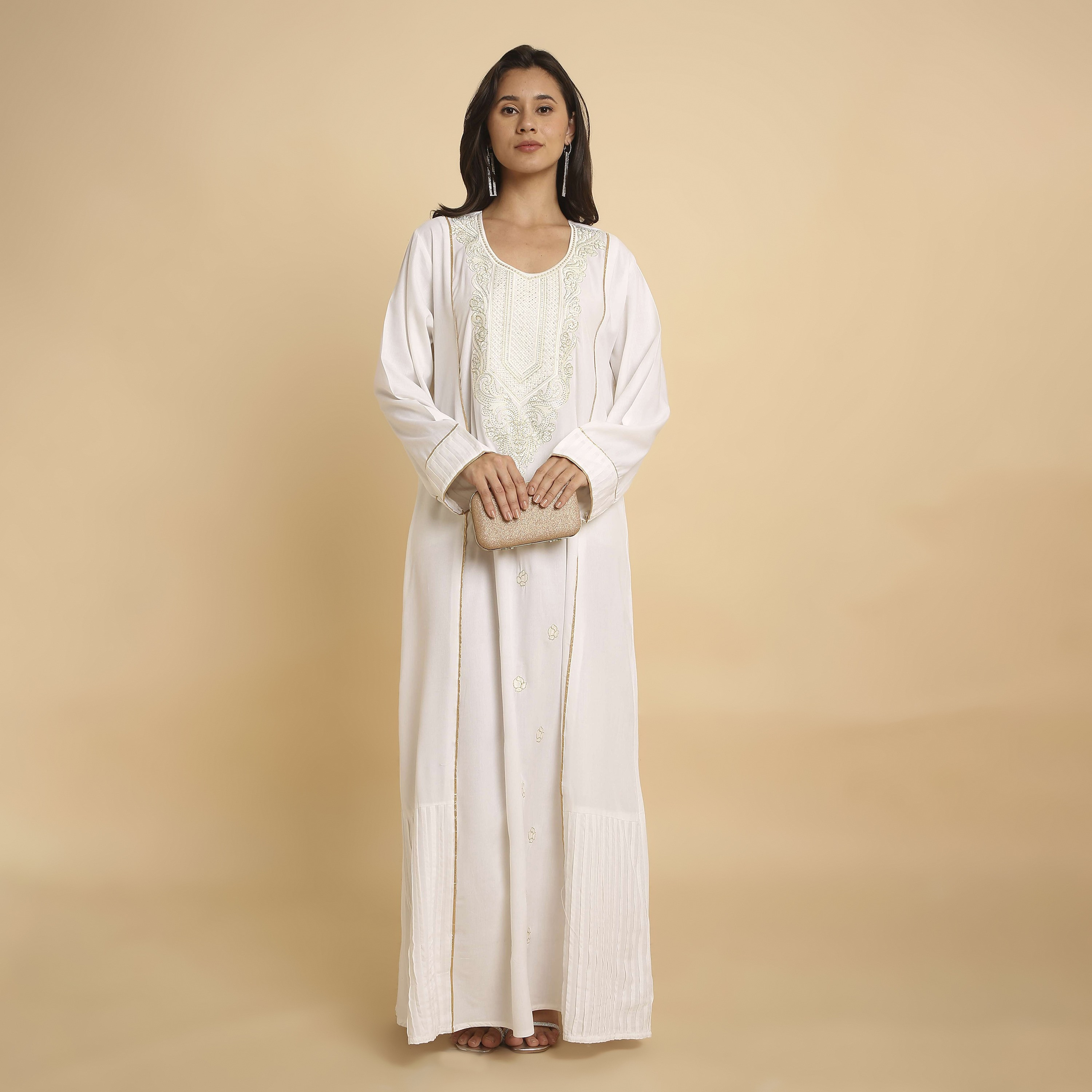HanaandSara White Embroidered Yoke Round Neck Women's Jalabiya-women-arabicclothing-jalabiyas-image-1
