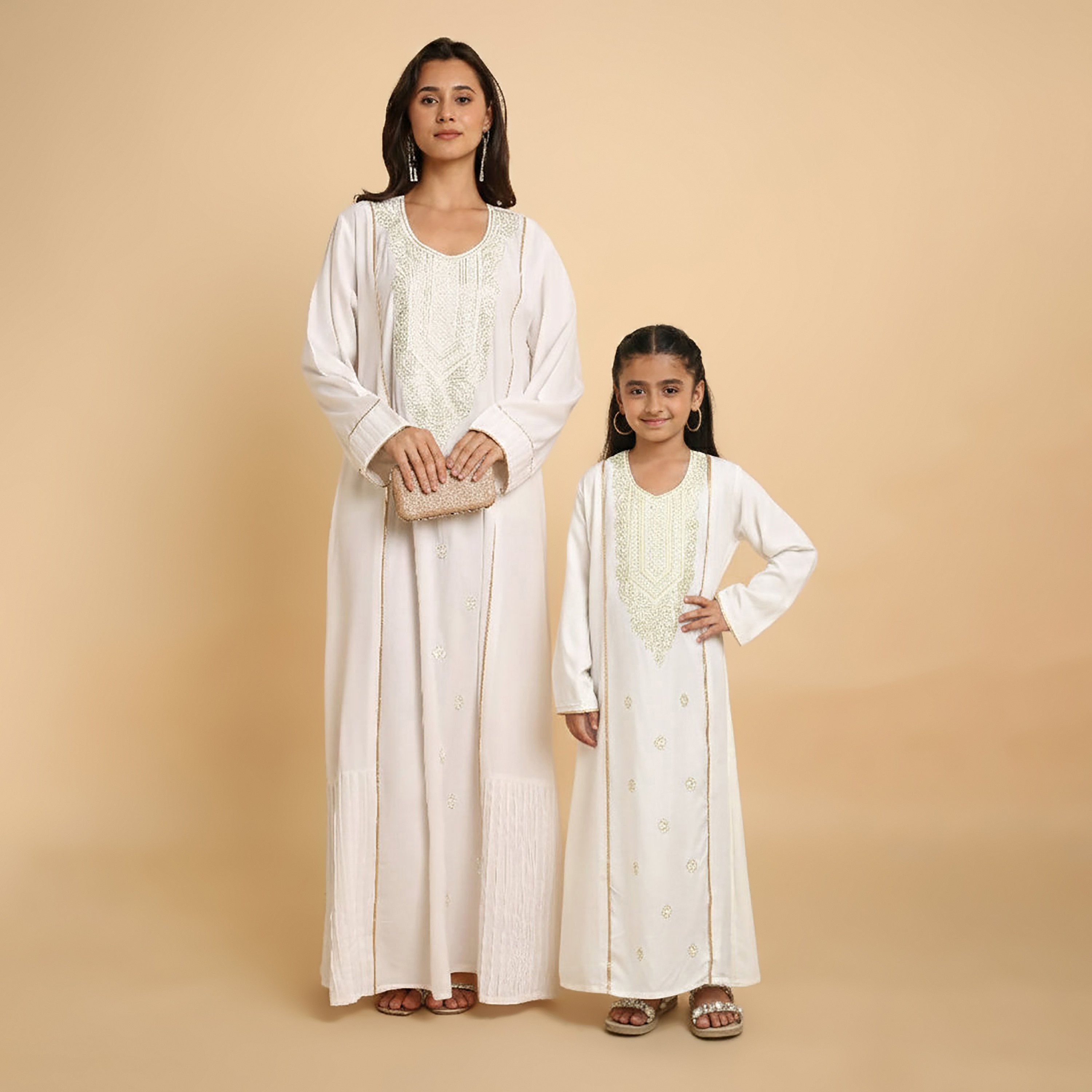 HanaandSara White Embroidered Yoke Round Neck Women's Jalabiya-women-arabicclothing-jalabiyas-image-2