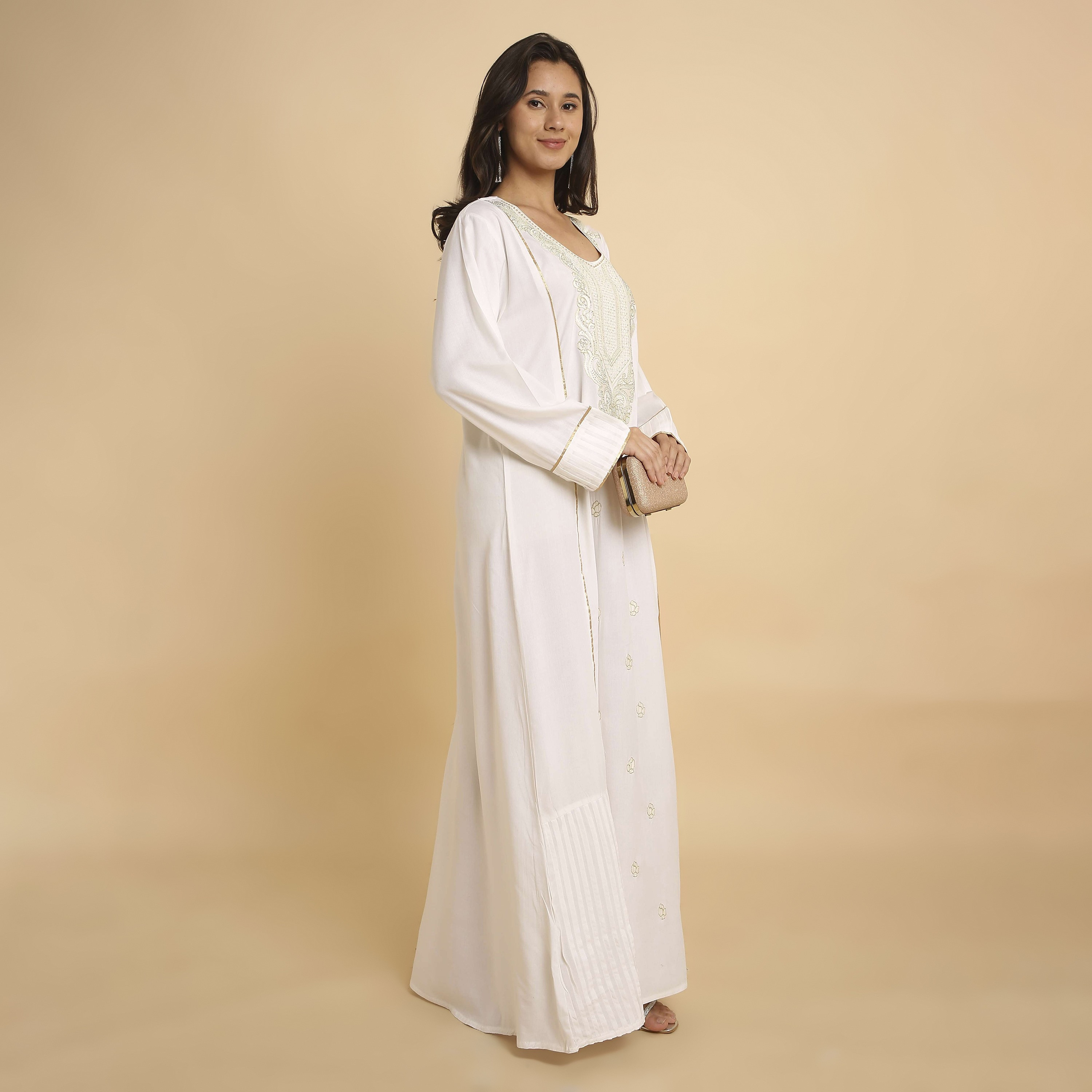 HanaandSara White Embroidered Yoke Round Neck Women's Jalabiya-women-arabicclothing-jalabiyas-image-4