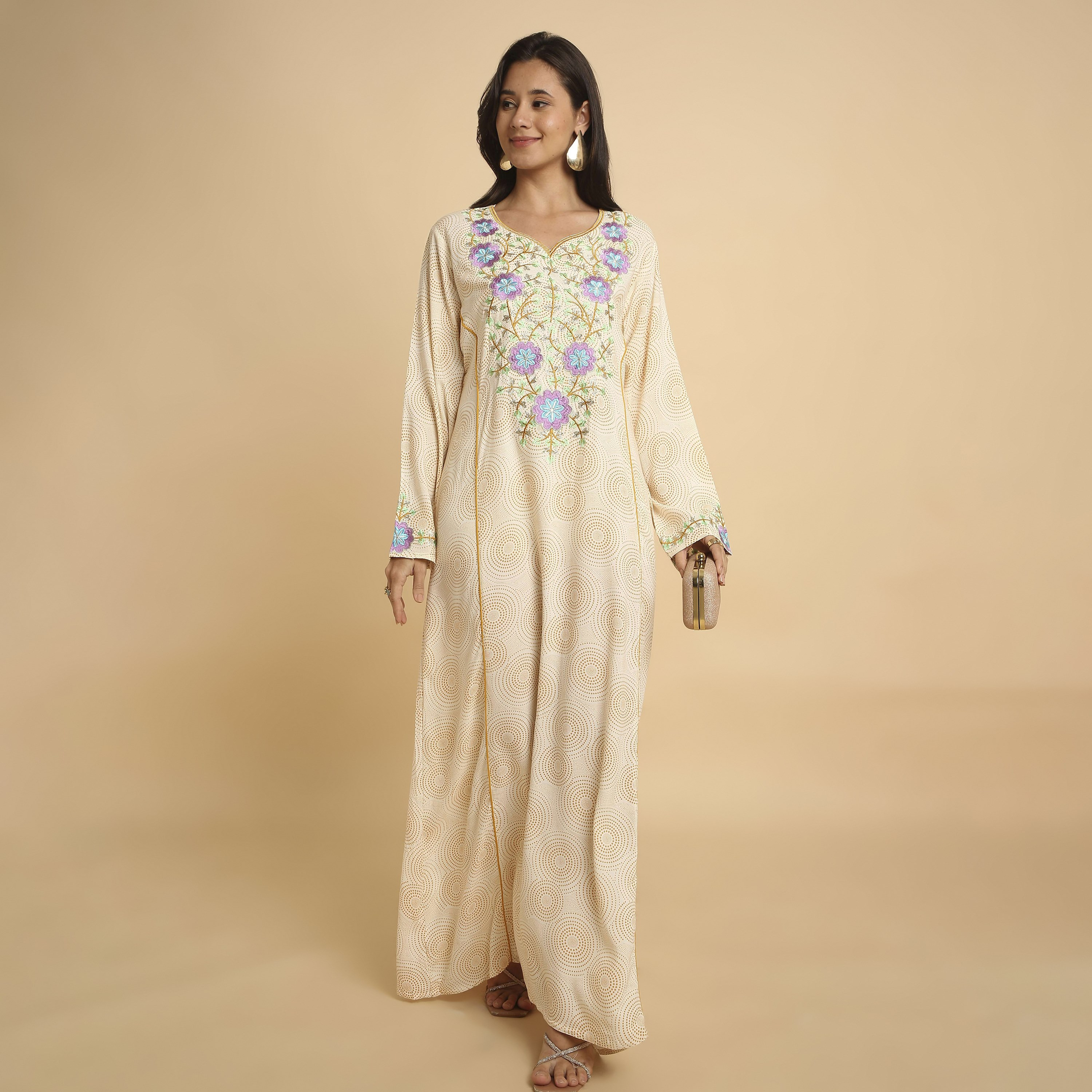 HanaandSara Circular Print Floral Embroidered Yoke Notched Round Neck Women's Jalabiya-women-arabicclothing-jalabiyas-image-1