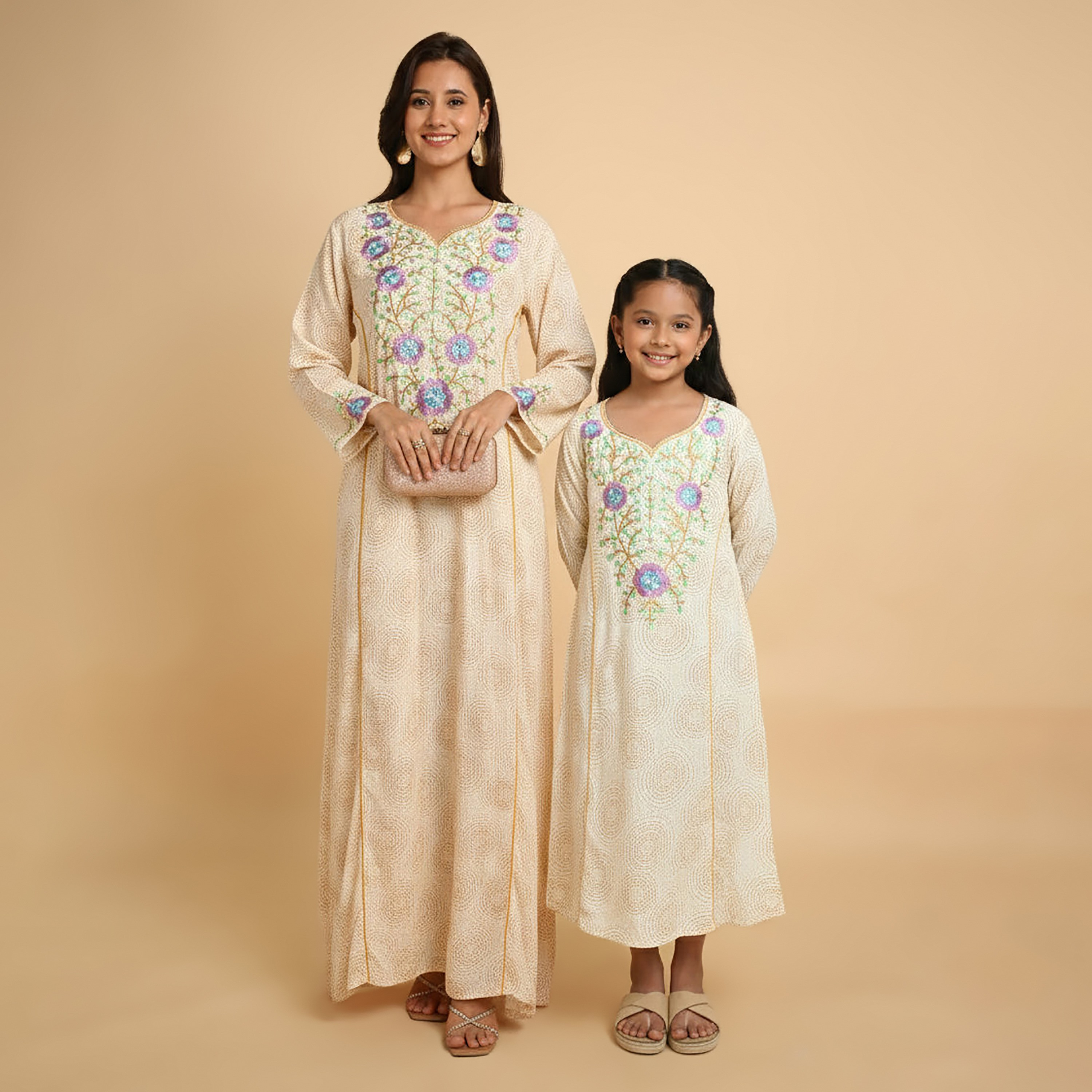 HanaandSara Circular Print Floral Embroidered Yoke Notched Round Neck Women's Jalabiya-women-arabicclothing-jalabiyas-image-2