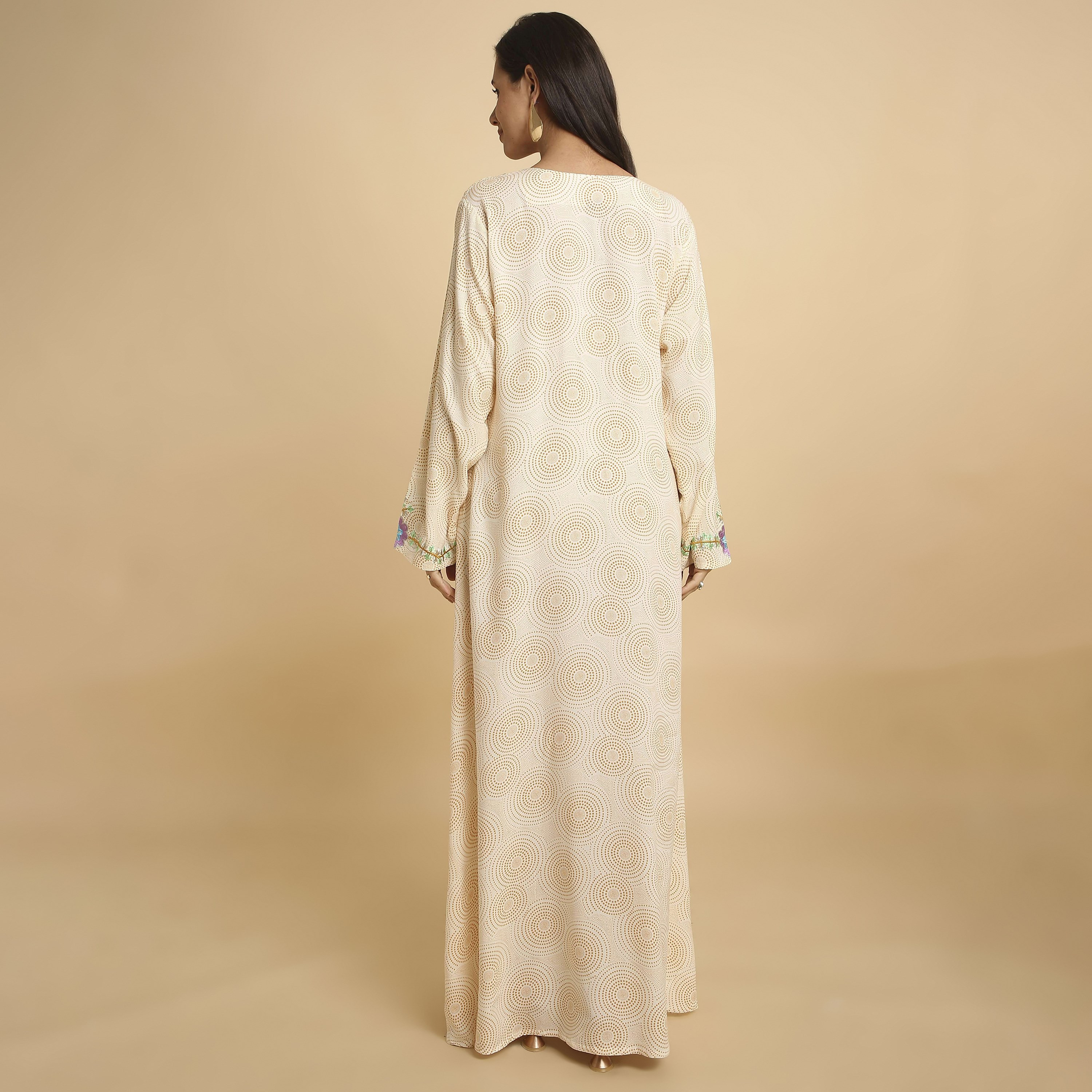 HanaandSara Circular Print Floral Embroidered Yoke Notched Round Neck Women's Jalabiya-women-arabicclothing-jalabiyas-image-5