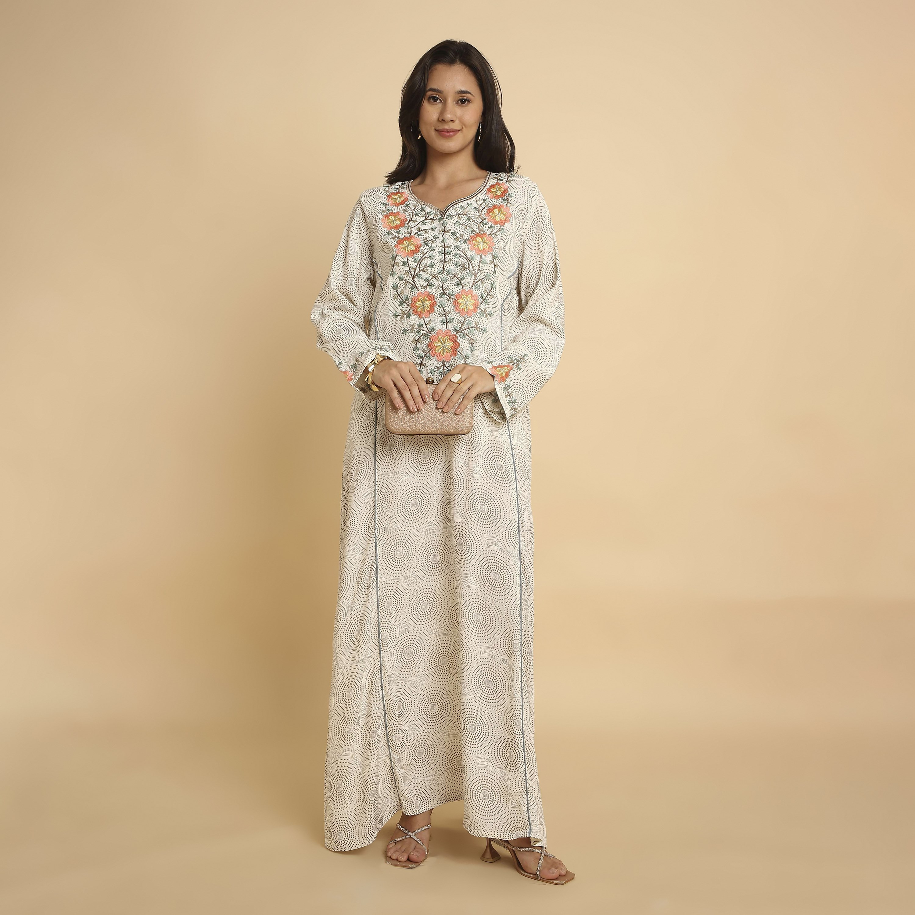 HanaandSara Circular Print Floral Embroidered Yoke Notched Round Neck Women's Jalabiya-women-arabicclothing-jalabiyas-image-6