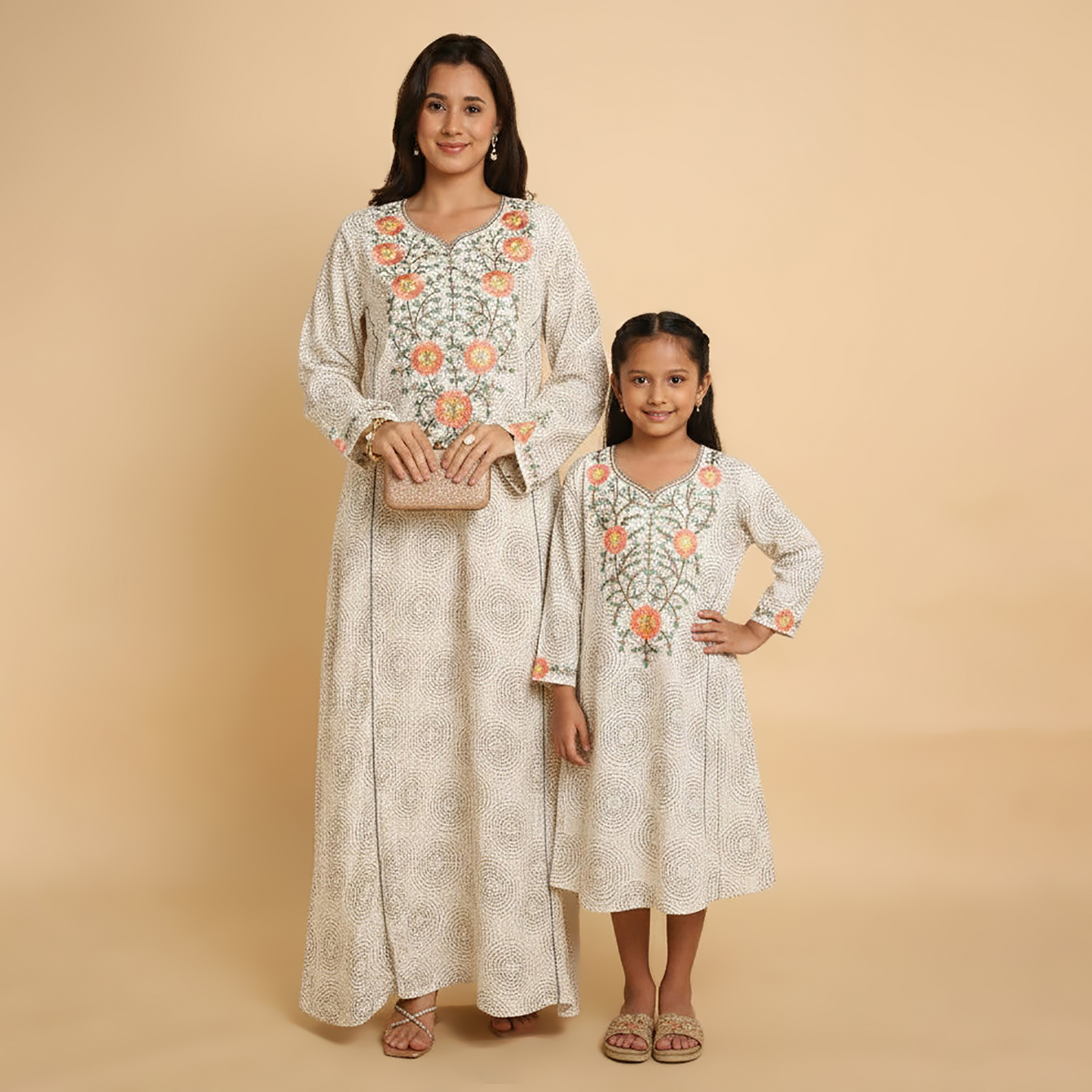 HanaandSara Circular Print Floral Embroidered Yoke Notched Round Neck Women's Jalabiya-women-arabicclothing-jalabiyas-image-7