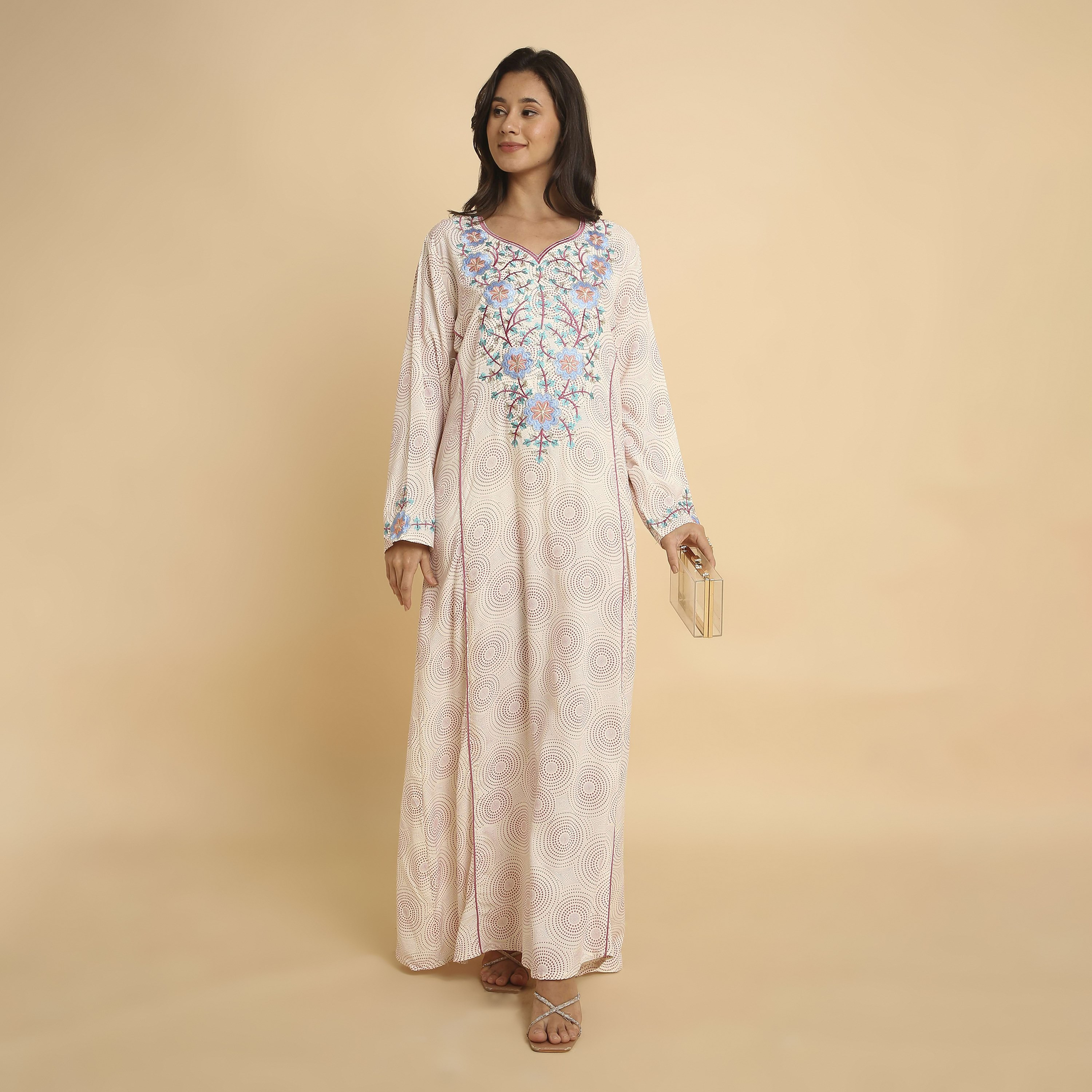 HanaandSara Circular Print Floral Embroidered Yoke Notched Round Neck Women's Jalabiya-women-arabicclothing-jalabiyas-image-11