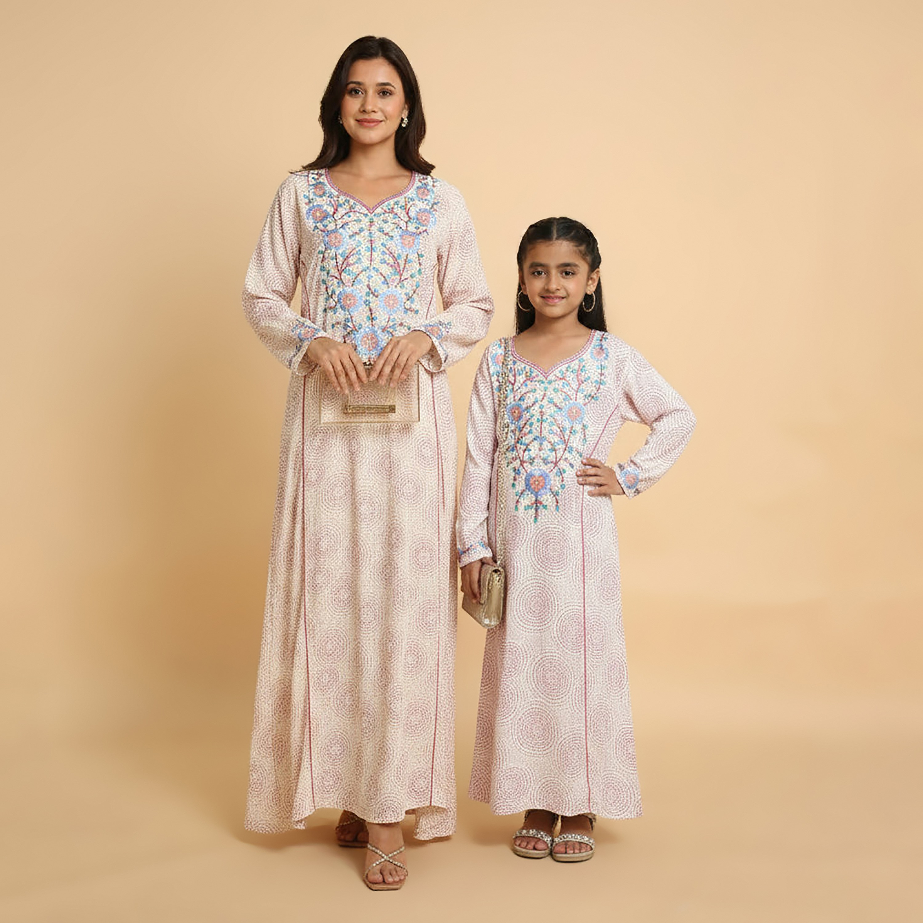 HanaandSara Circular Print Floral Embroidered Yoke Notched Round Neck Women's Jalabiya-women-arabicclothing-jalabiyas-image-12