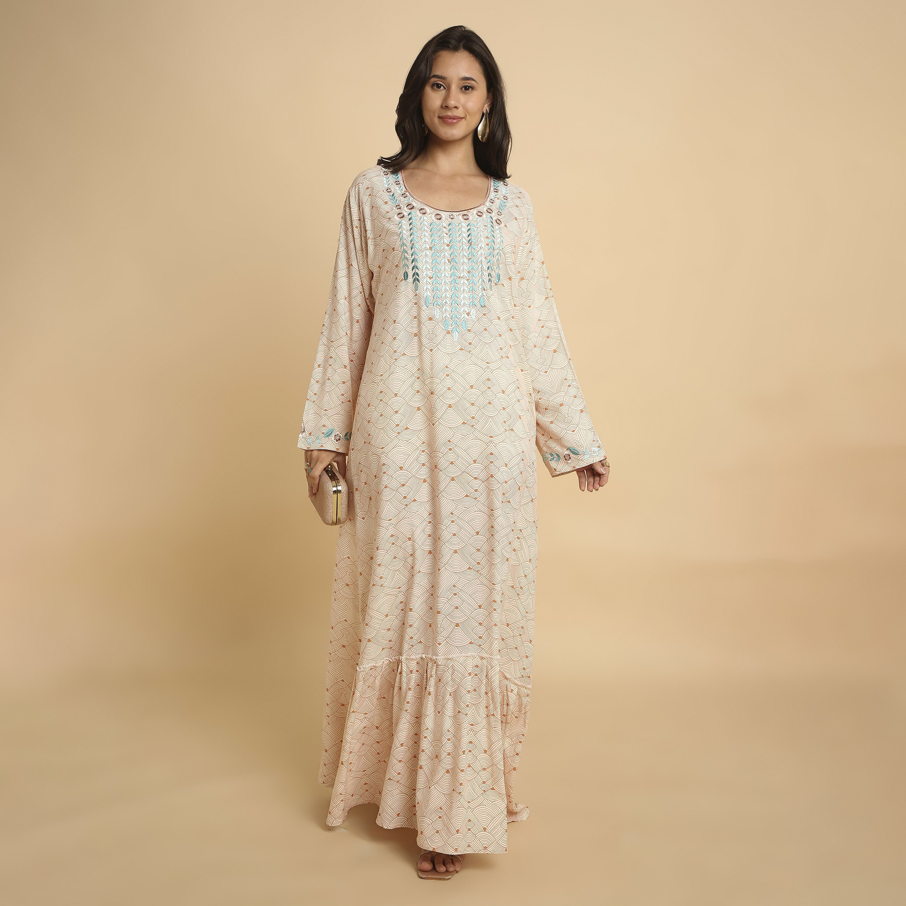 HanaandSara Abstract Wave Print Round Neck Women's Tiered Jalabiya-women-arabicclothing-jalabiyas-image-1