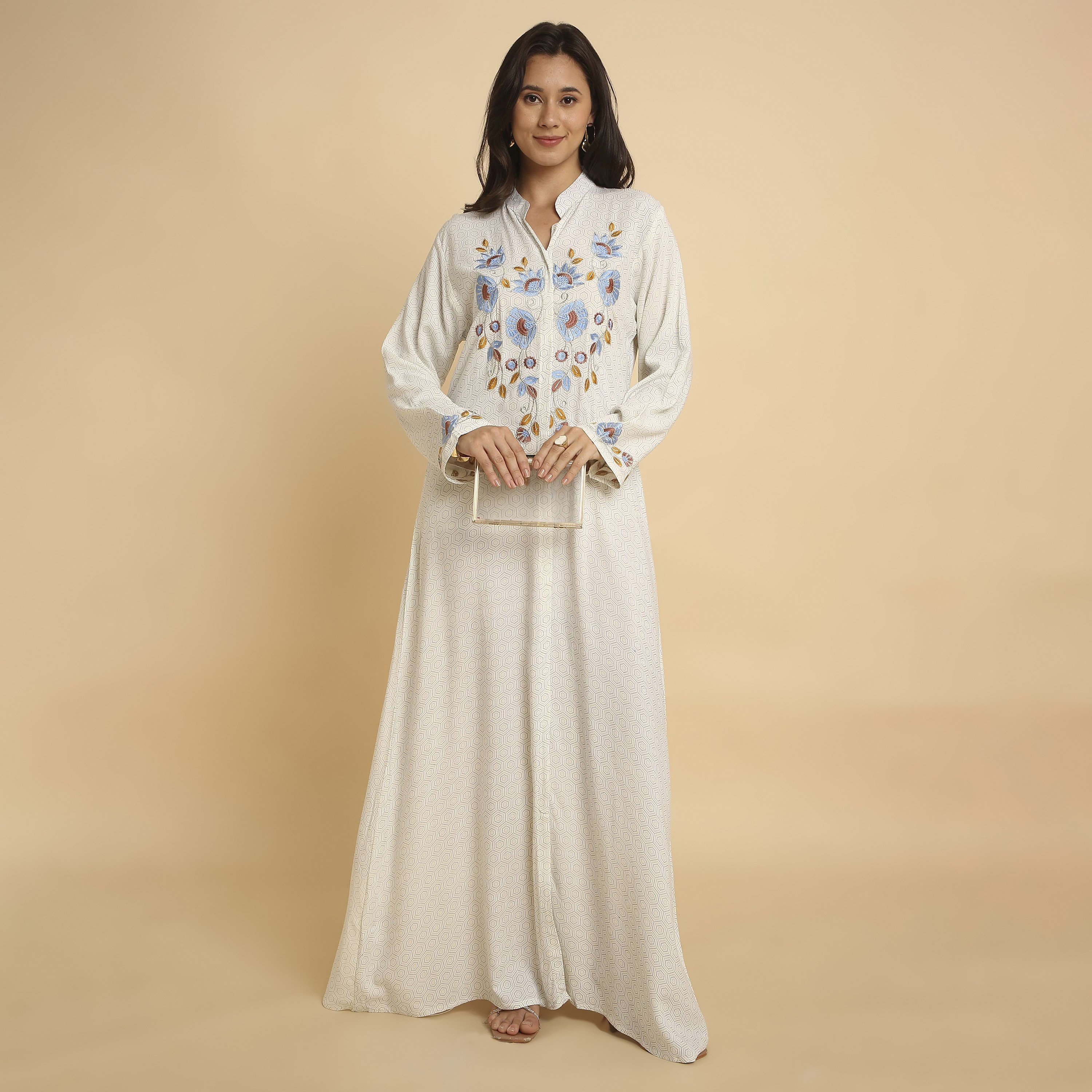 HanaandSara Geometric Print Floral Embroidered Yoke Mandarin Collar Women's Jalabiya-women-arabicclothing-jalabiyas-image-11
