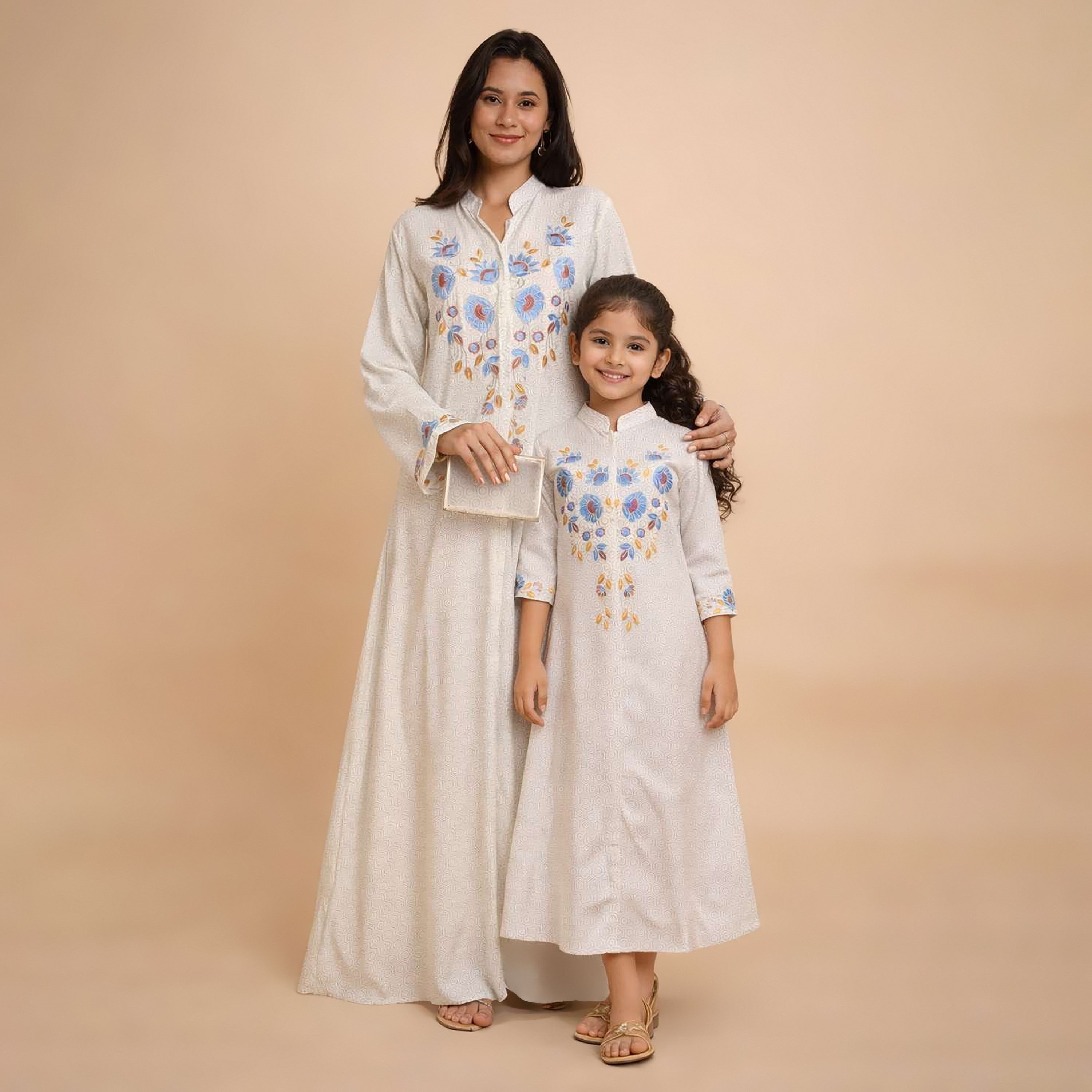 HanaandSara Geometric Print Floral Embroidered Yoke Mandarin Collar Women's Jalabiya-women-arabicclothing-jalabiyas-image-12