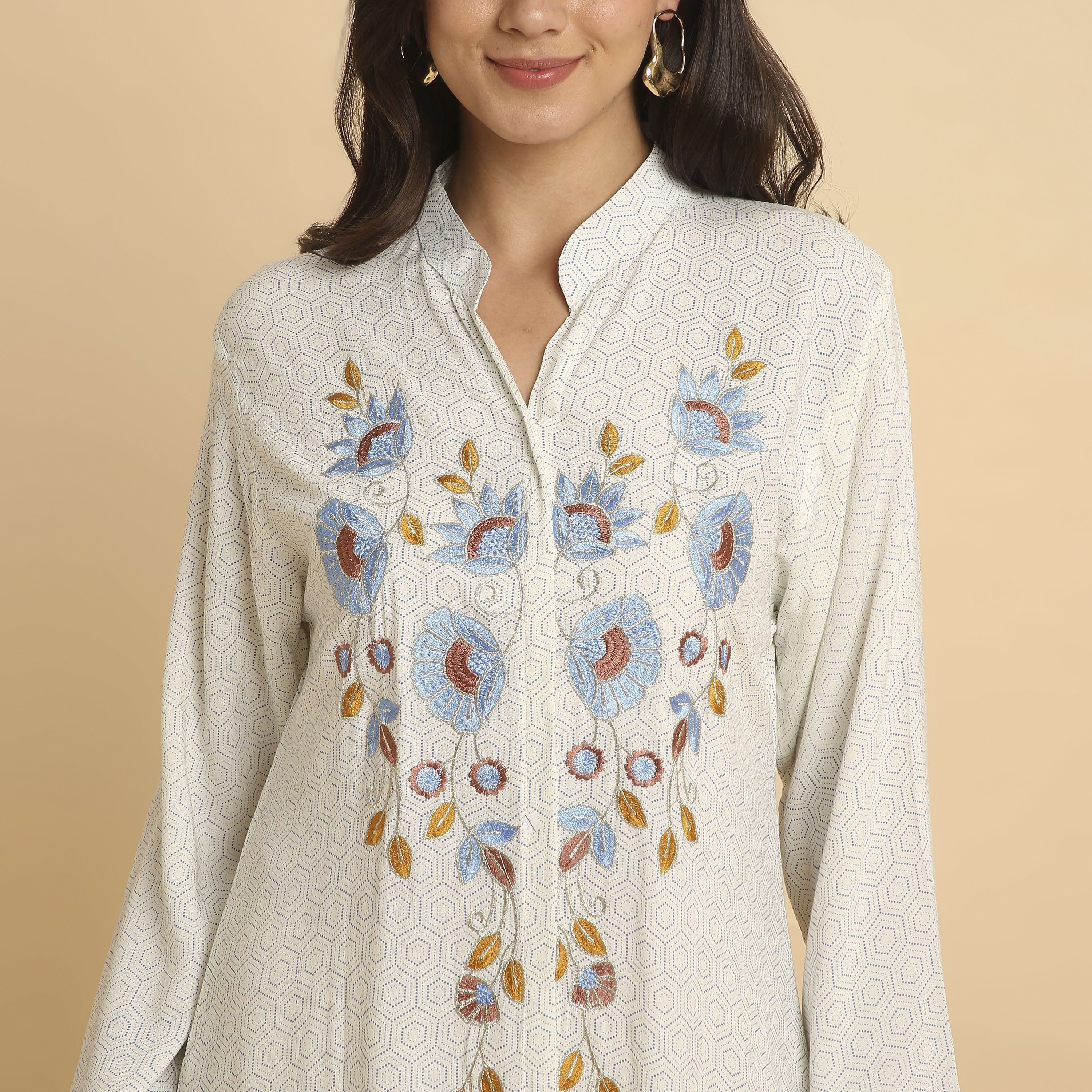 HanaandSara Geometric Print Floral Embroidered Yoke Mandarin Collar Women's Jalabiya-women-arabicclothing-jalabiyas-image-13