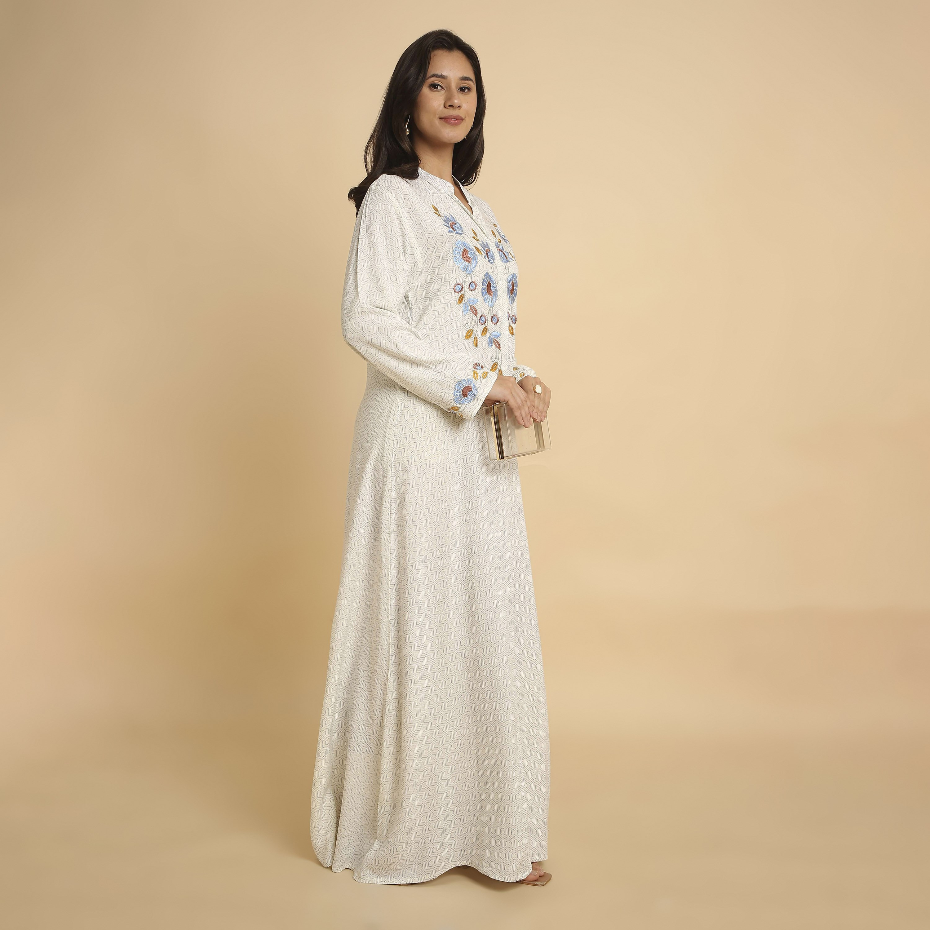 HanaandSara Geometric Print Floral Embroidered Yoke Mandarin Collar Women's Jalabiya-women-arabicclothing-jalabiyas-image-14