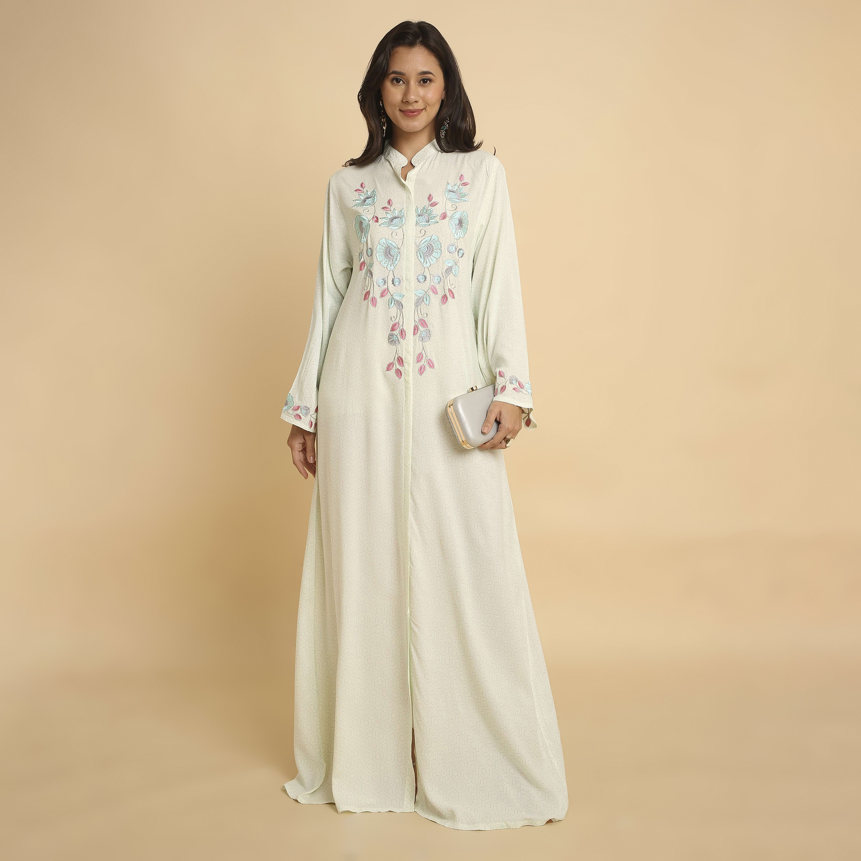 HanaandSara Geometric Print Floral Embroidered Yoke Mandarin Collar Women's Jalabiya-women-arabicclothing-jalabiyas-image-6