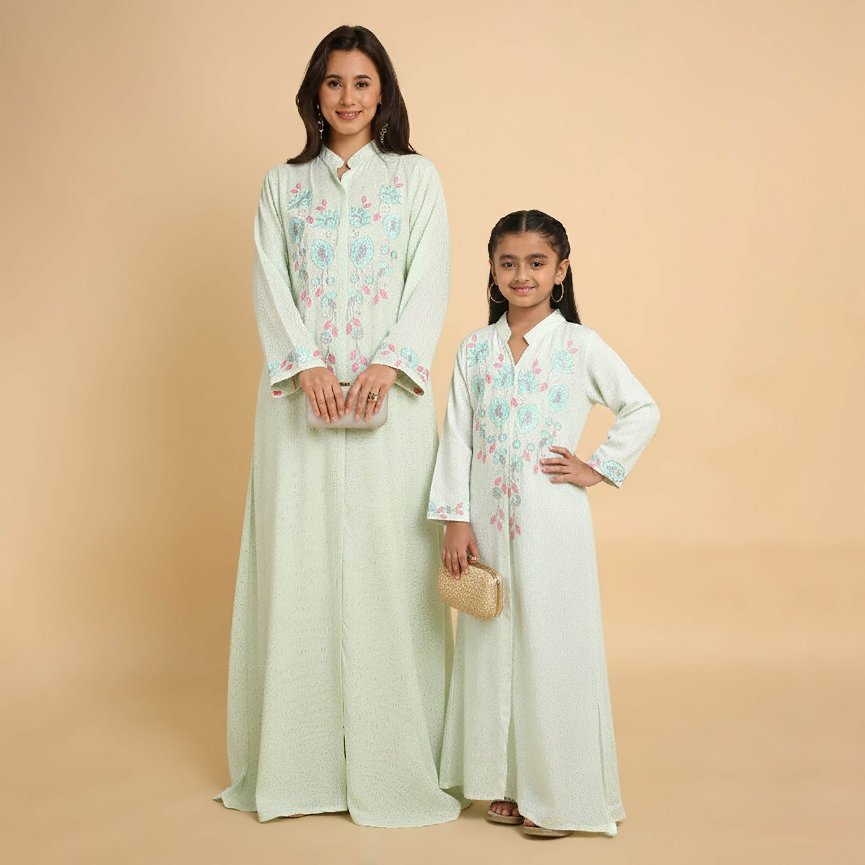 HanaandSara Geometric Print Floral Embroidered Yoke Mandarin Collar Women's Jalabiya-women-arabicclothing-jalabiyas-image-7