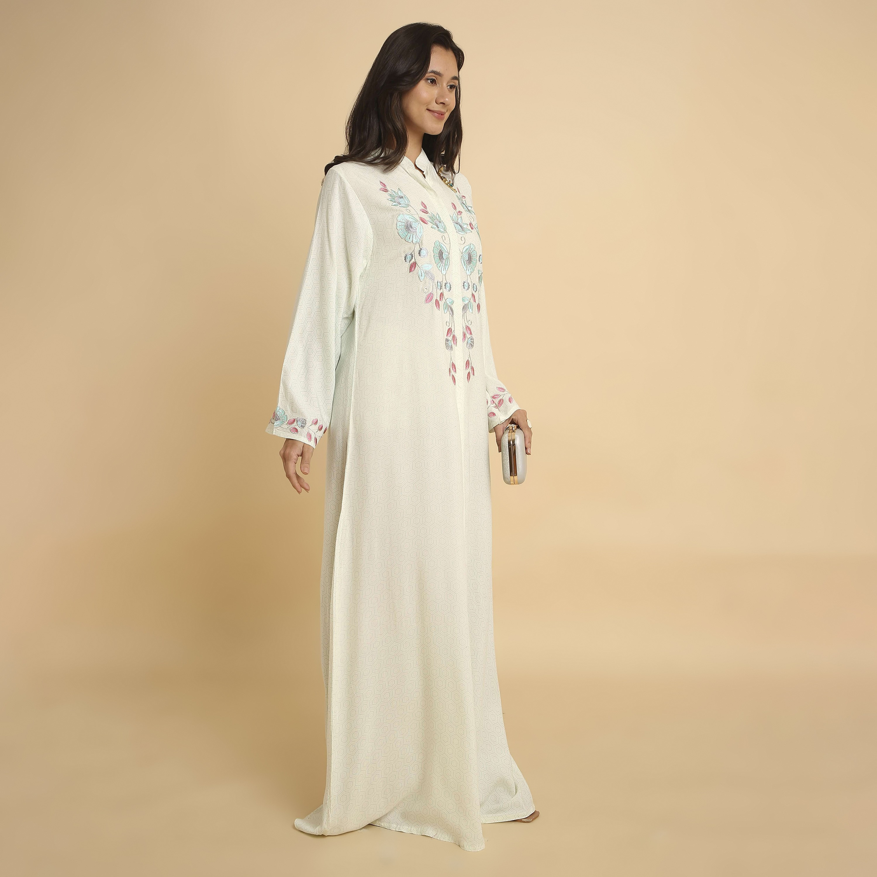 HanaandSara Geometric Print Floral Embroidered Yoke Mandarin Collar Women's Jalabiya-women-arabicclothing-jalabiyas-image-9