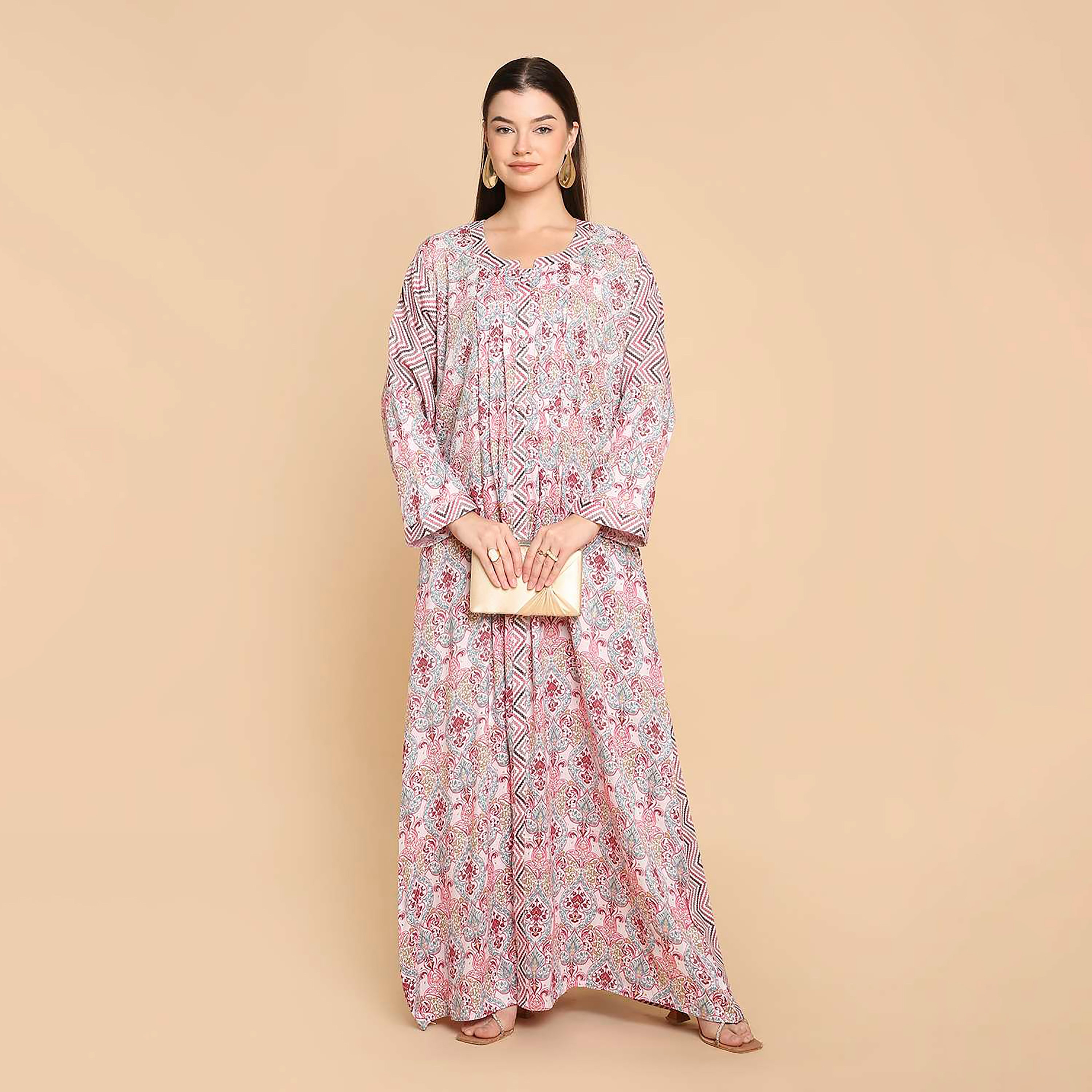HanaandSara Damask Print Women's Jalabiya-women-arabicclothing-jalabiyas-image-1