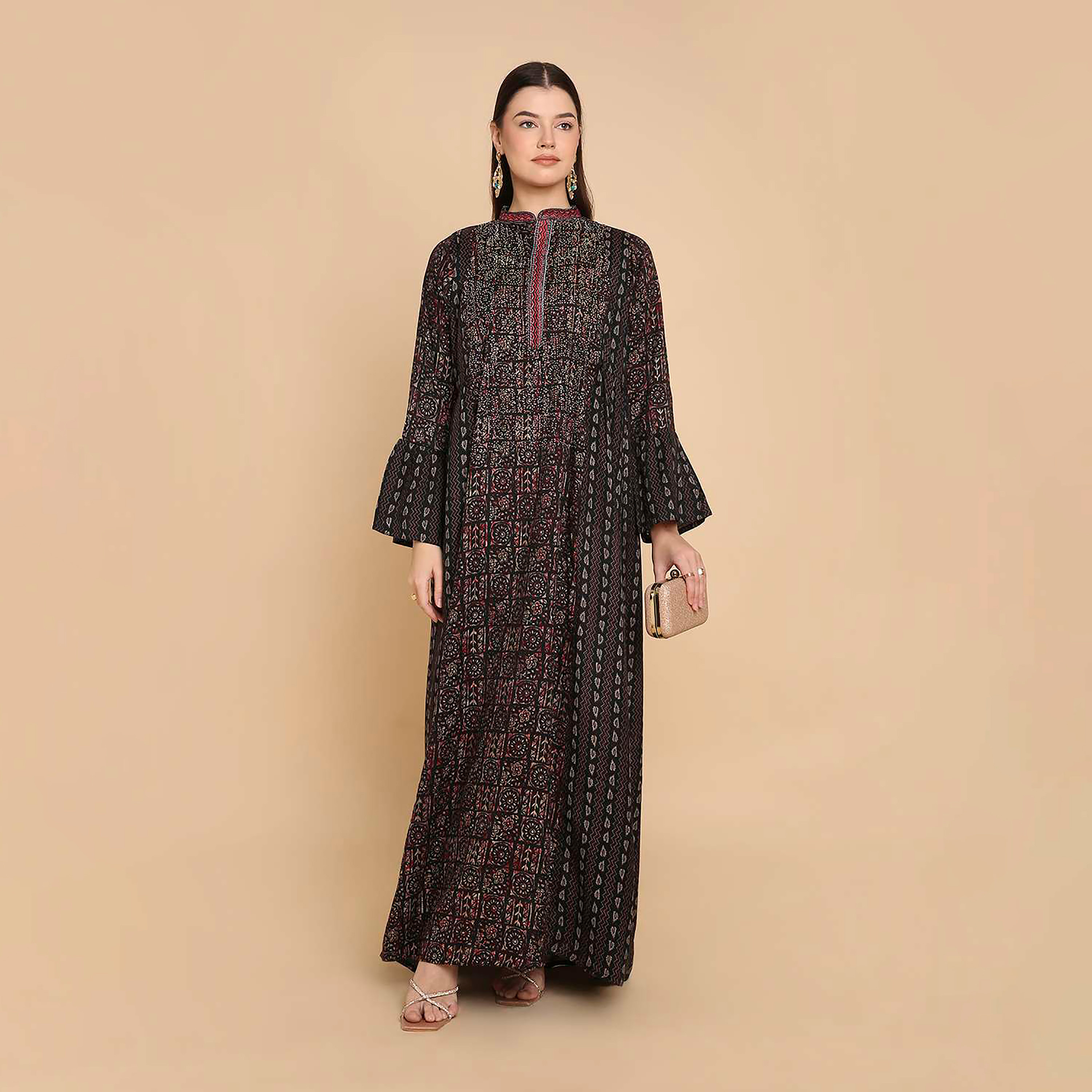 HanaandSara Printed Mandarin Collar Bell Sleeves Women's Jalabiya-women-arabicclothing-jalabiyas-image-1