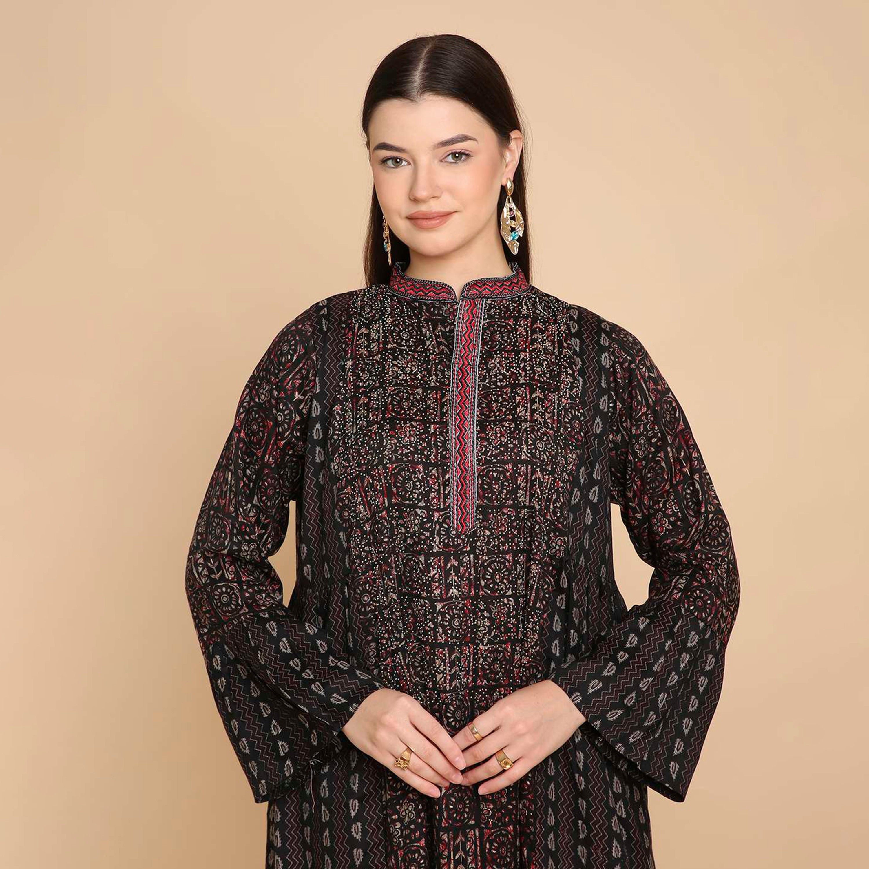 جلابية نسائية مطبوعة بياقة ماندارين وأكمام جرس من هناأندسارة-women-arabicclothing-jalabiyas-image-2