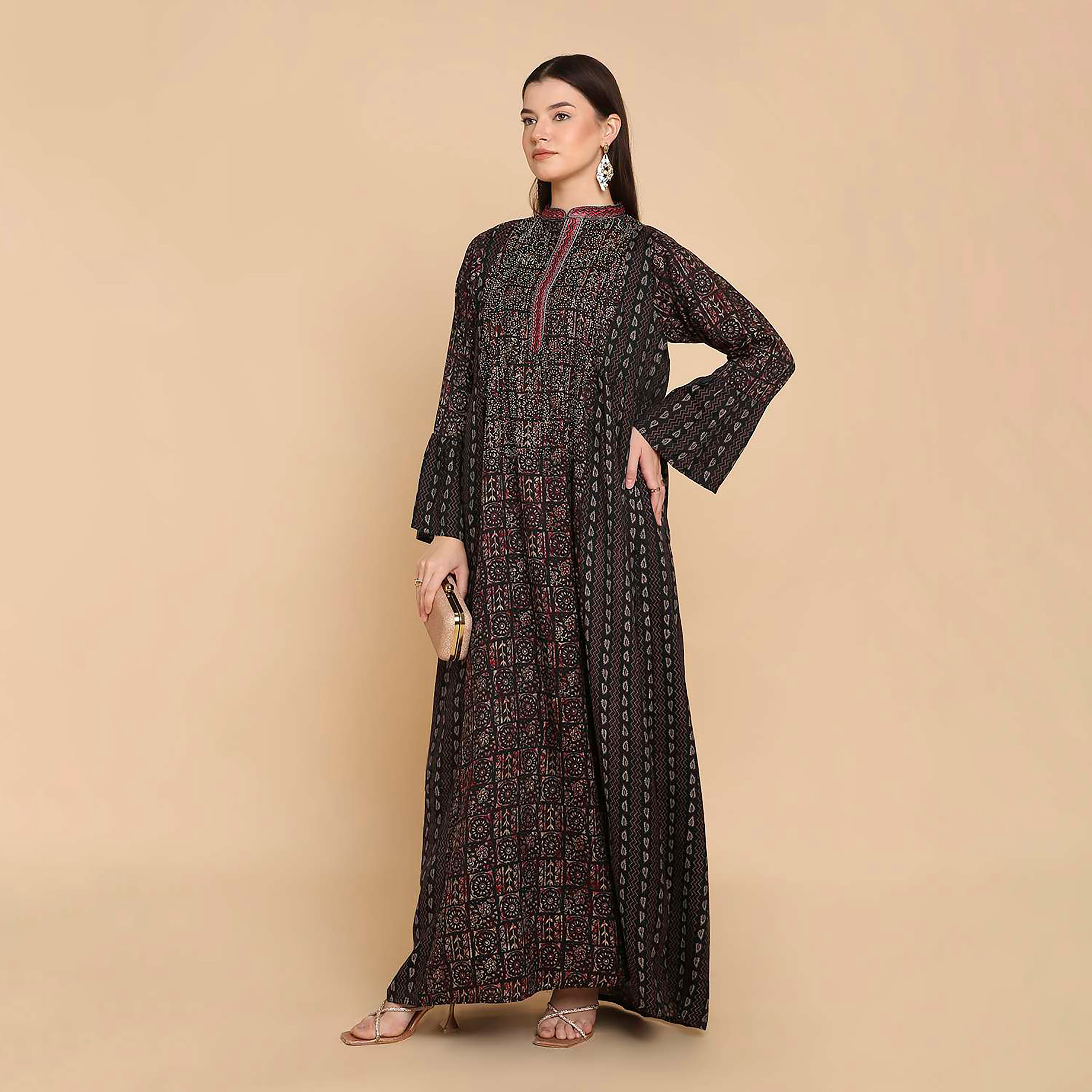 جلابية نسائية مطبوعة بياقة ماندارين وأكمام جرس من هناأندسارة-women-arabicclothing-jalabiyas-image-3