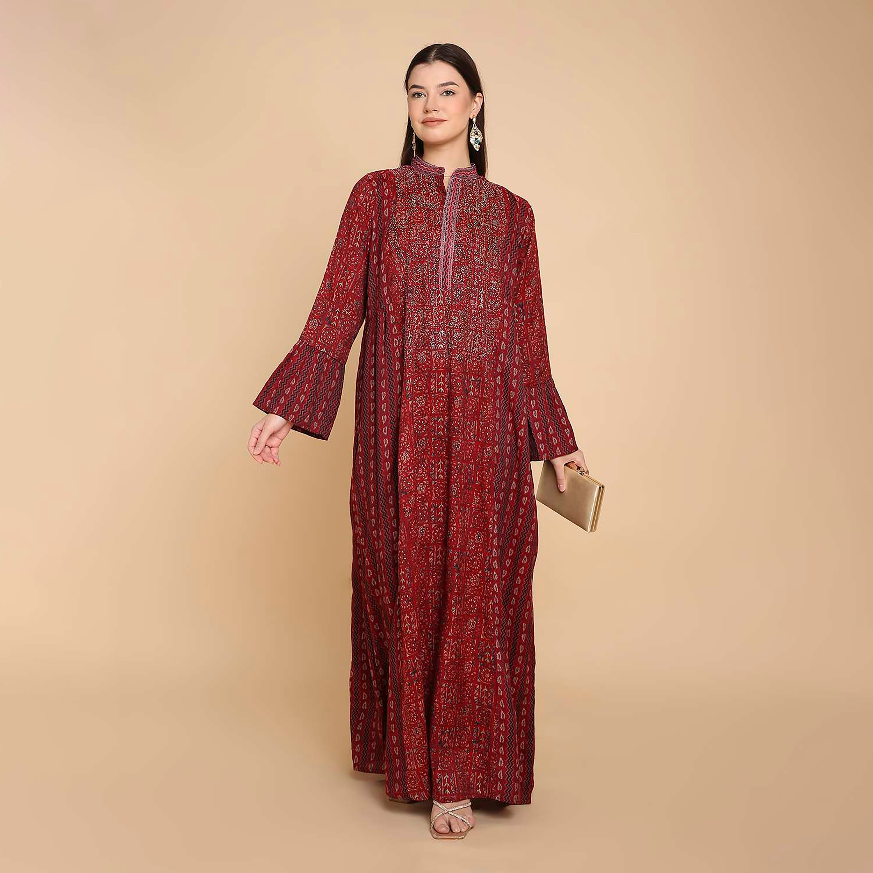 جلابية نسائية مطبوعة بياقة ماندارين وأكمام جرس من هناأندسارة-women-arabicclothing-jalabiyas-image-1