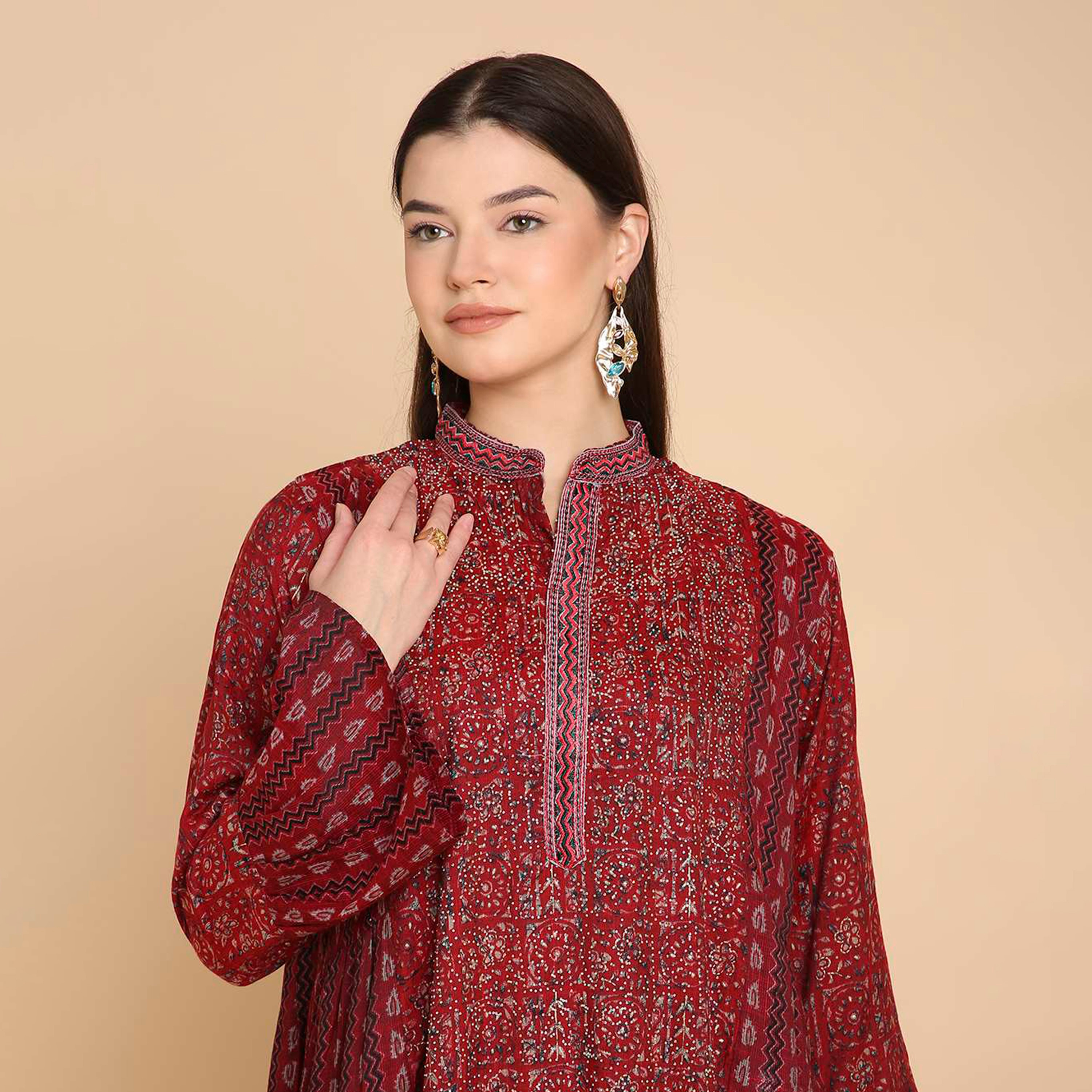 جلابية نسائية مطبوعة بياقة ماندارين وأكمام جرس من هناأندسارة-women-arabicclothing-jalabiyas-image-2