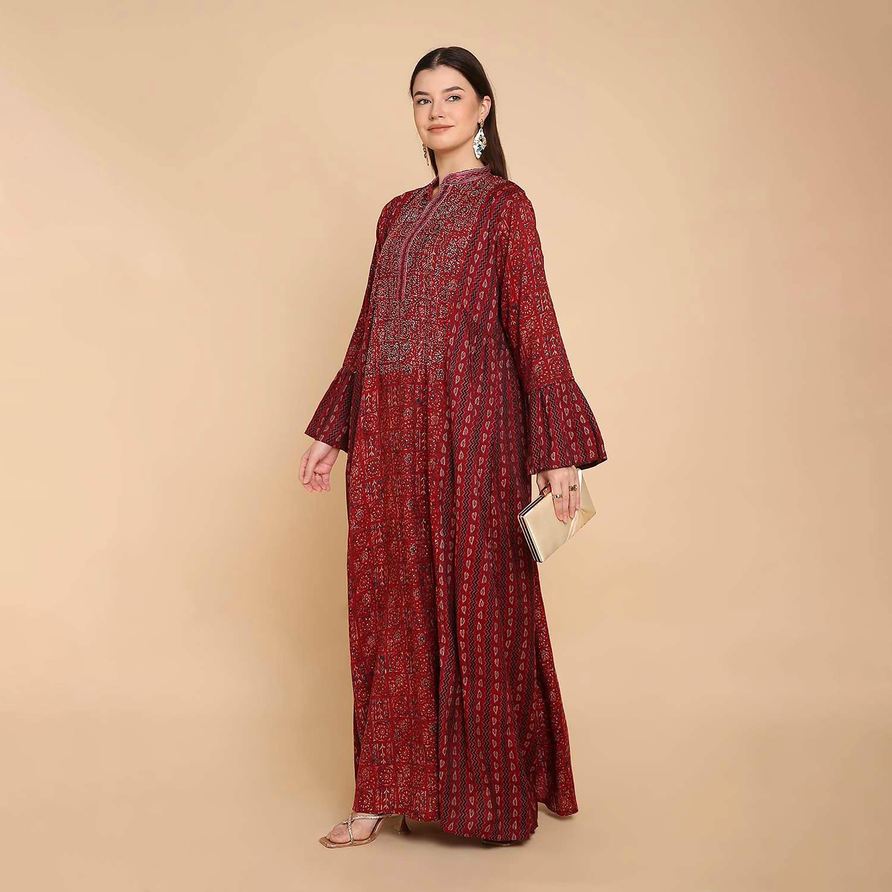 جلابية نسائية مطبوعة بياقة ماندارين وأكمام جرس من هناأندسارة-women-arabicclothing-jalabiyas-image-8
